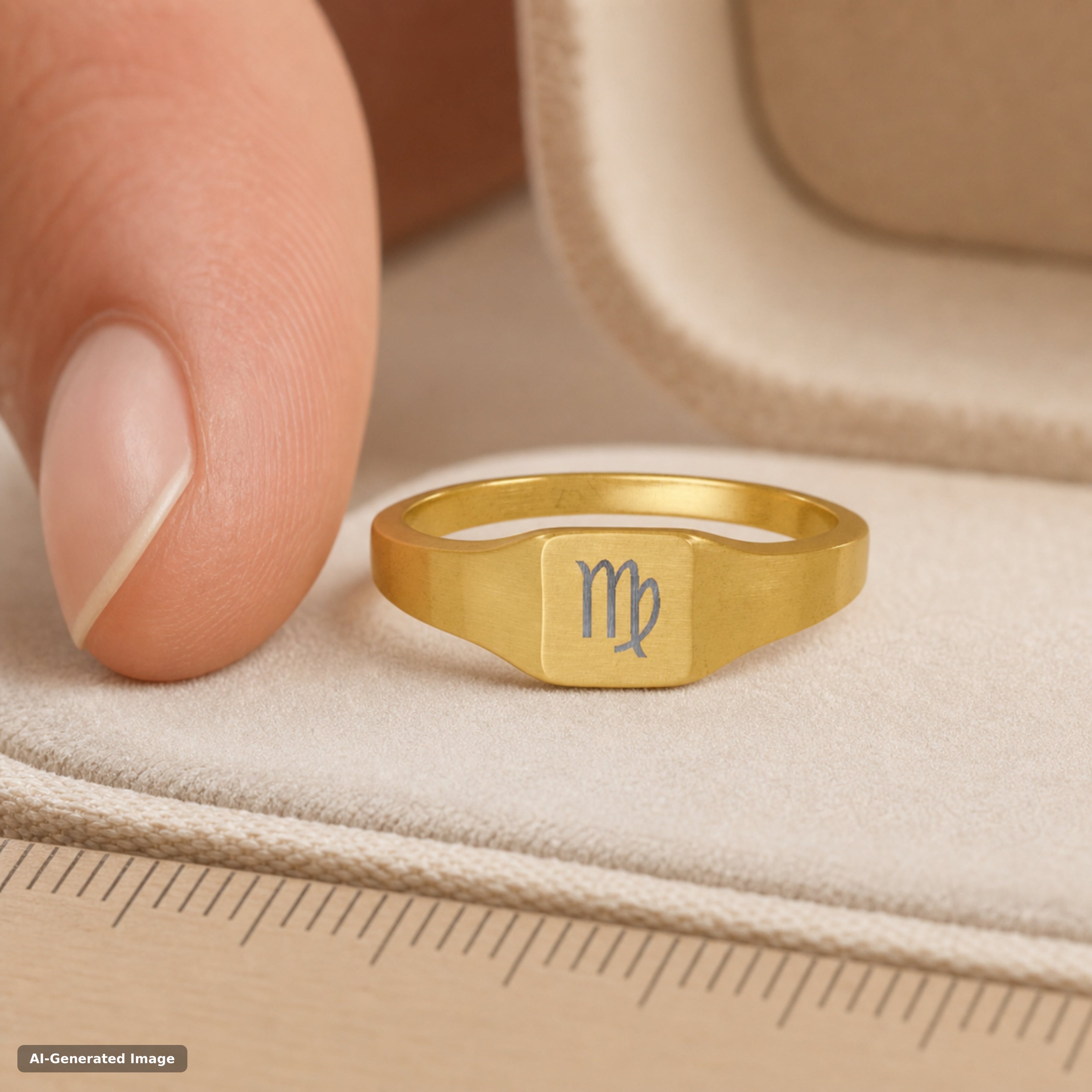 Virgo zodiac signet ring worn on hand - engraved gold star sign signet ring (view 4)
