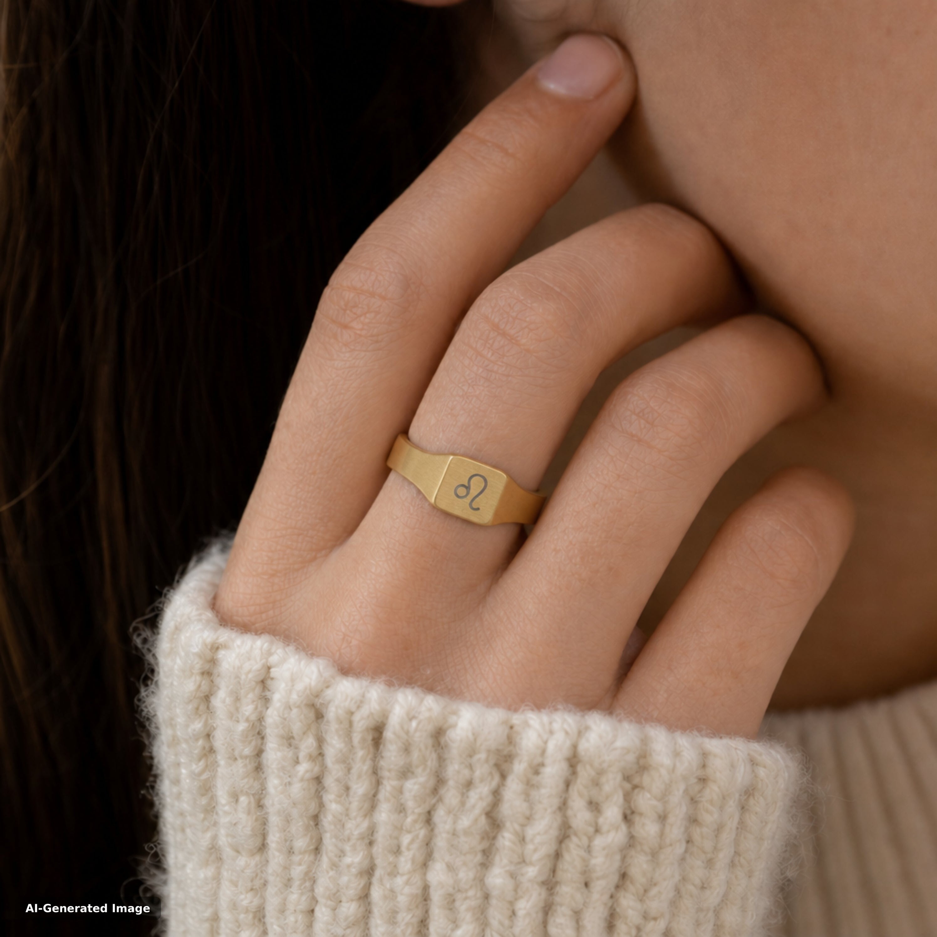 Leo zodiac signet ring worn on hand - engraved gold star sign signet ring (view 3)