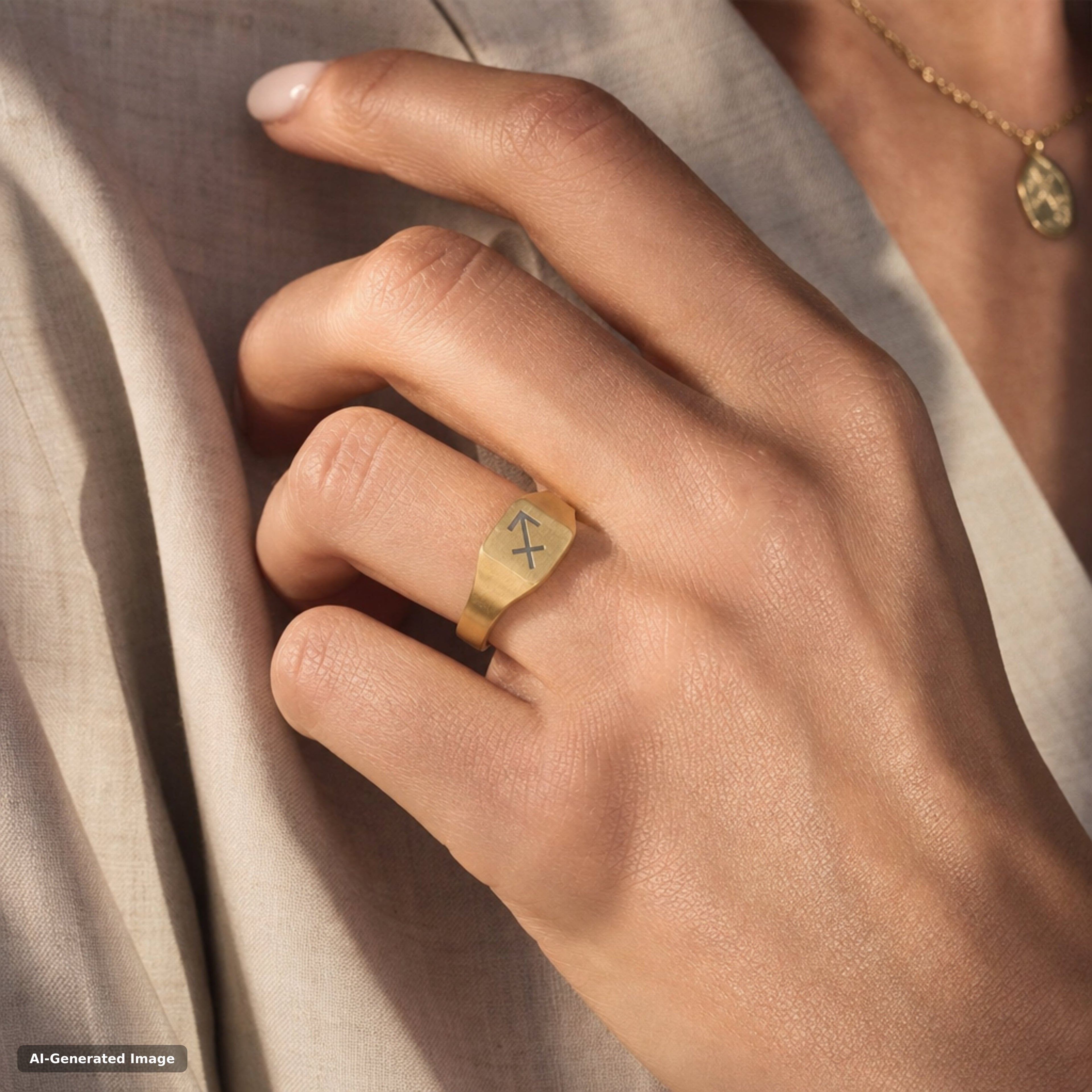 Sagittarius zodiac signet ring worn on hand - engraved gold star sign signet ring (view 2)