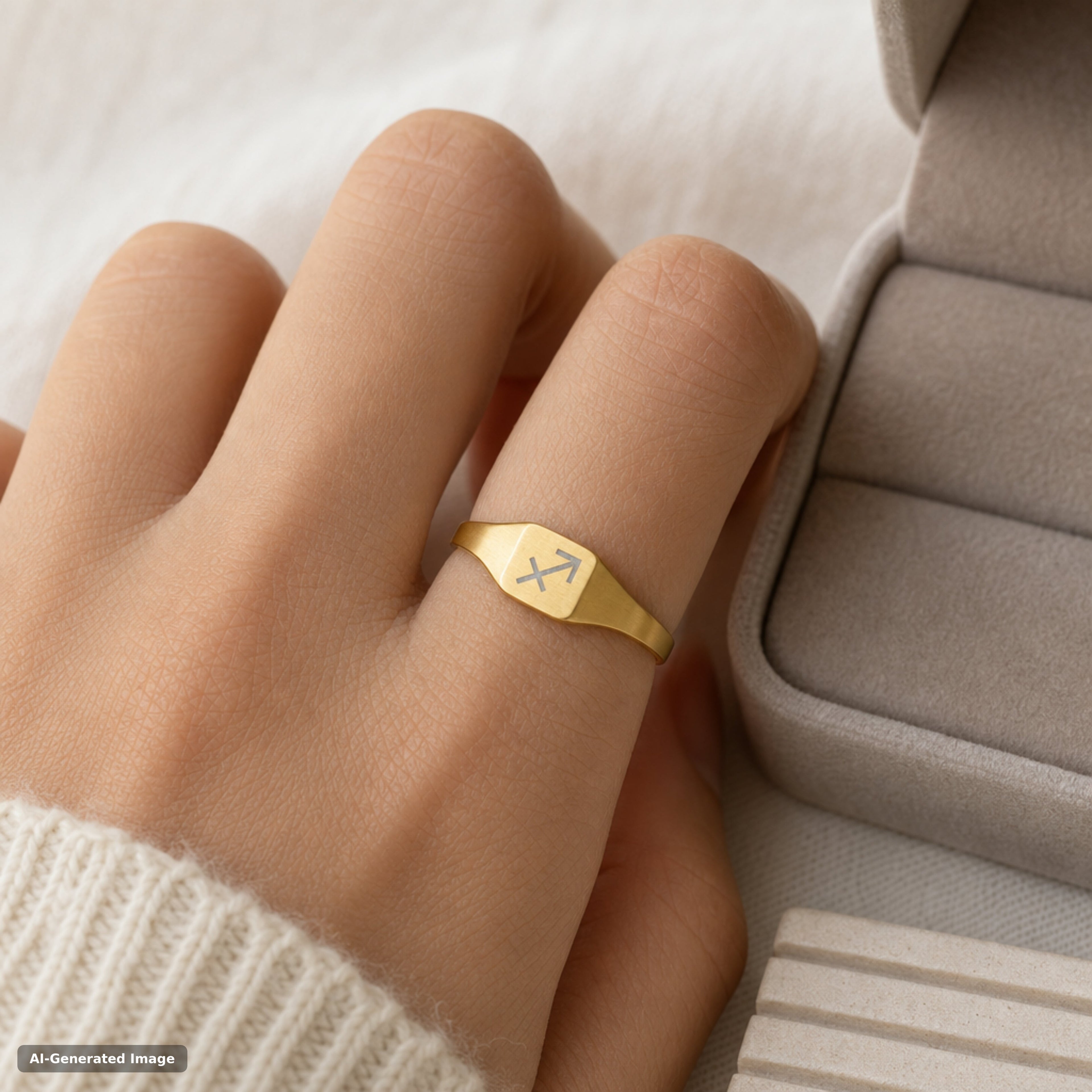 Sagittarius zodiac signet ring worn on hand - engraved gold star sign signet ring (view 4)