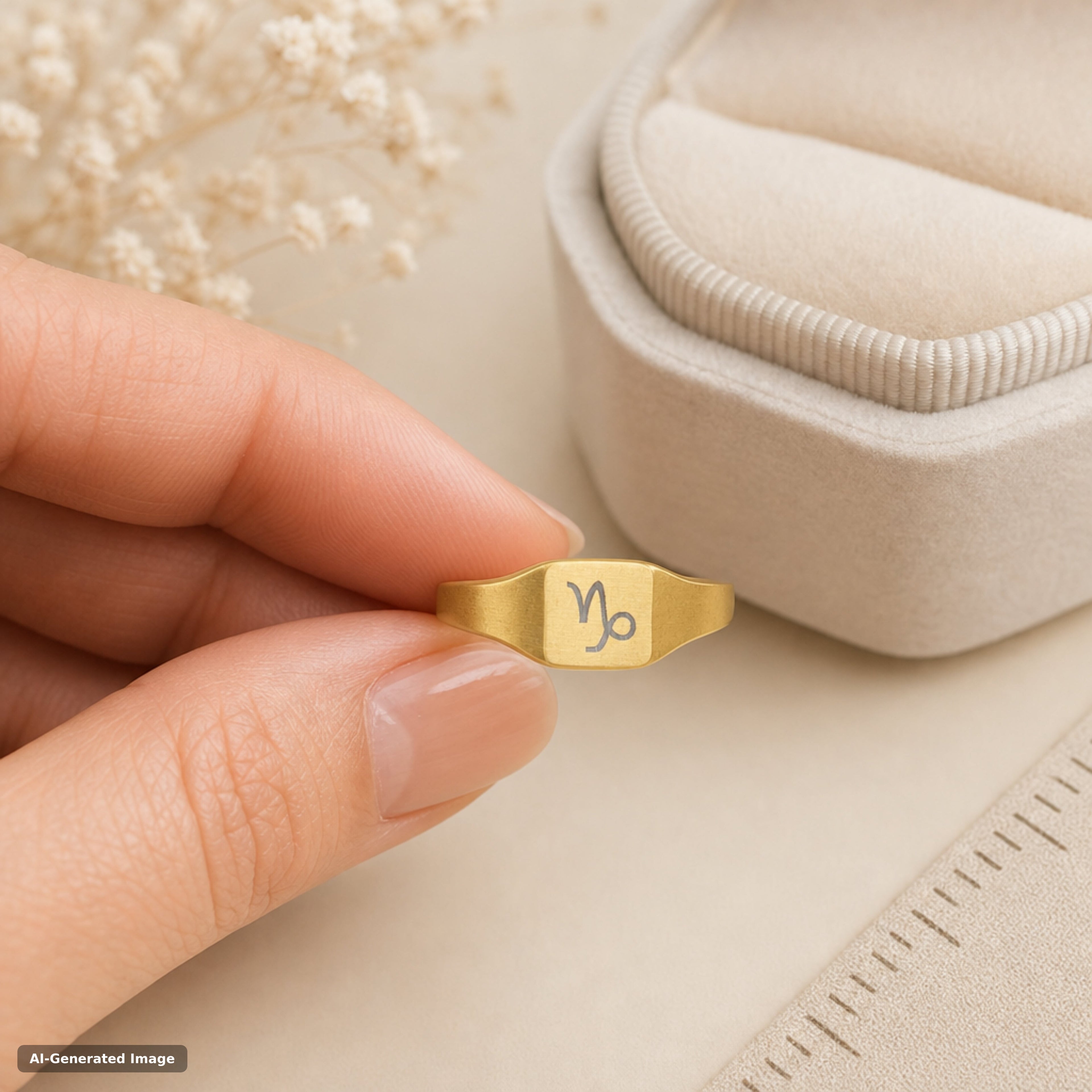 Capricorn zodiac signet ring worn on hand - engraved gold star sign signet ring (view 5)