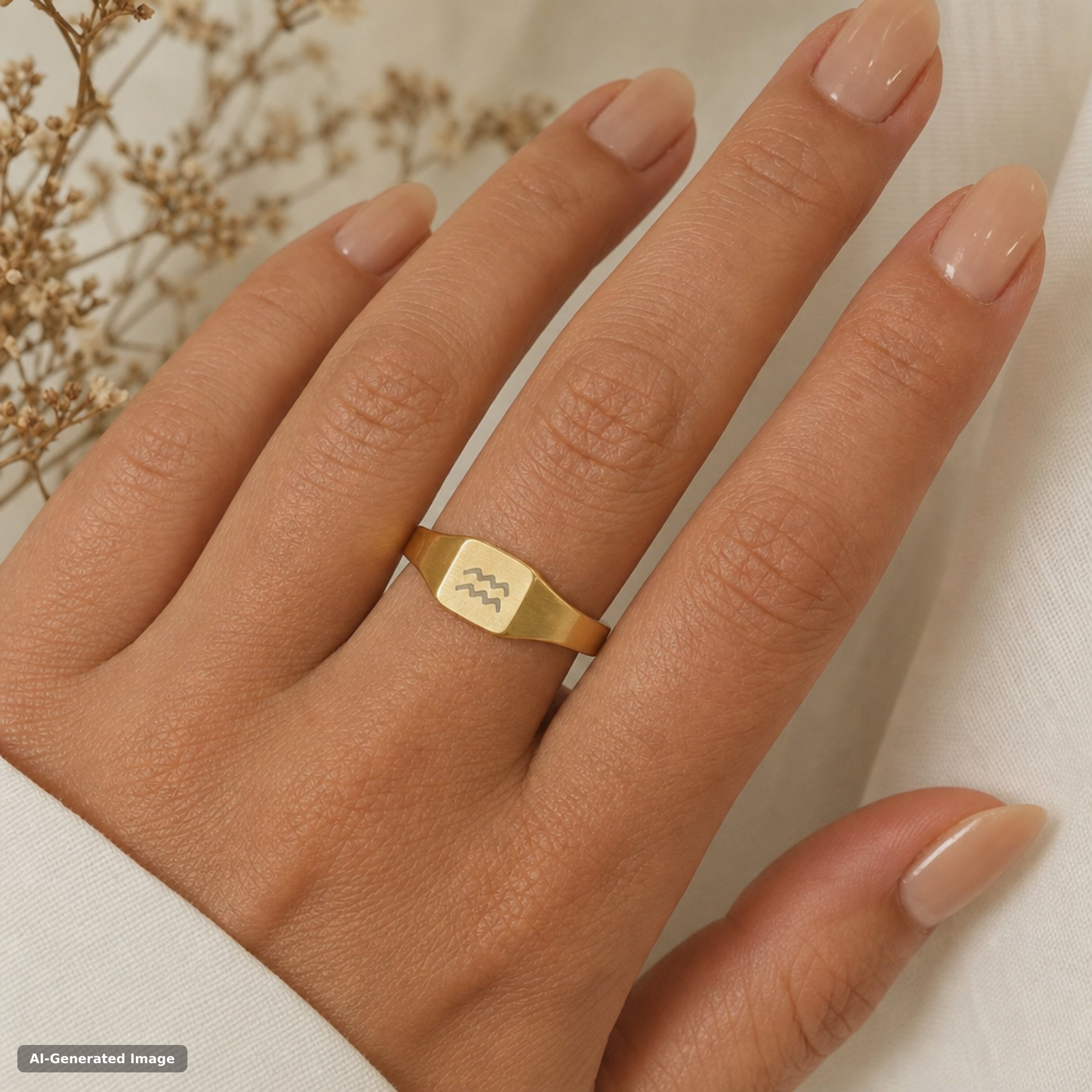 Aquarius zodiac signet ring worn on hand - engraved gold star sign signet ring (view 2)