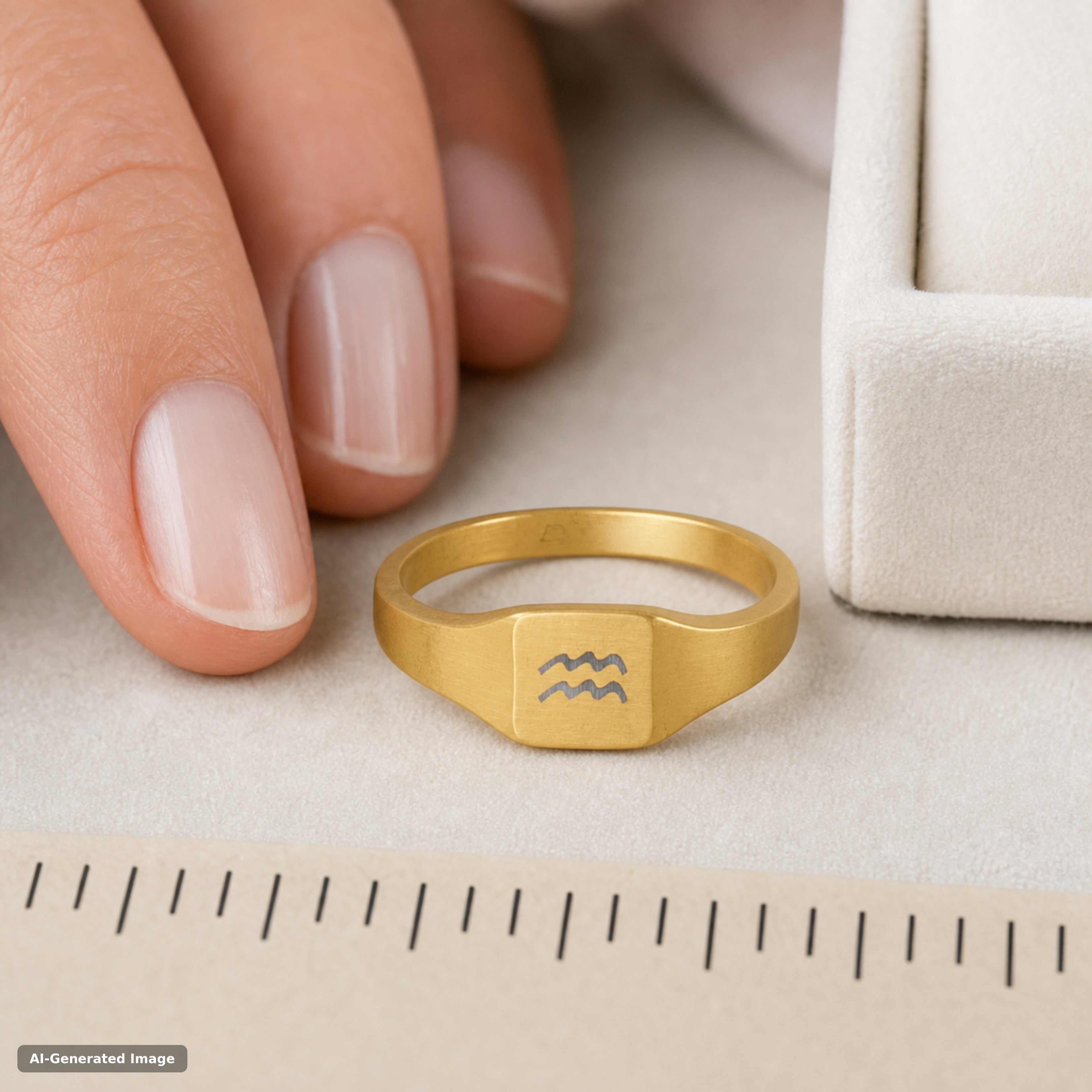 Aquarius zodiac signet ring worn on hand - engraved gold star sign signet ring (view 4)