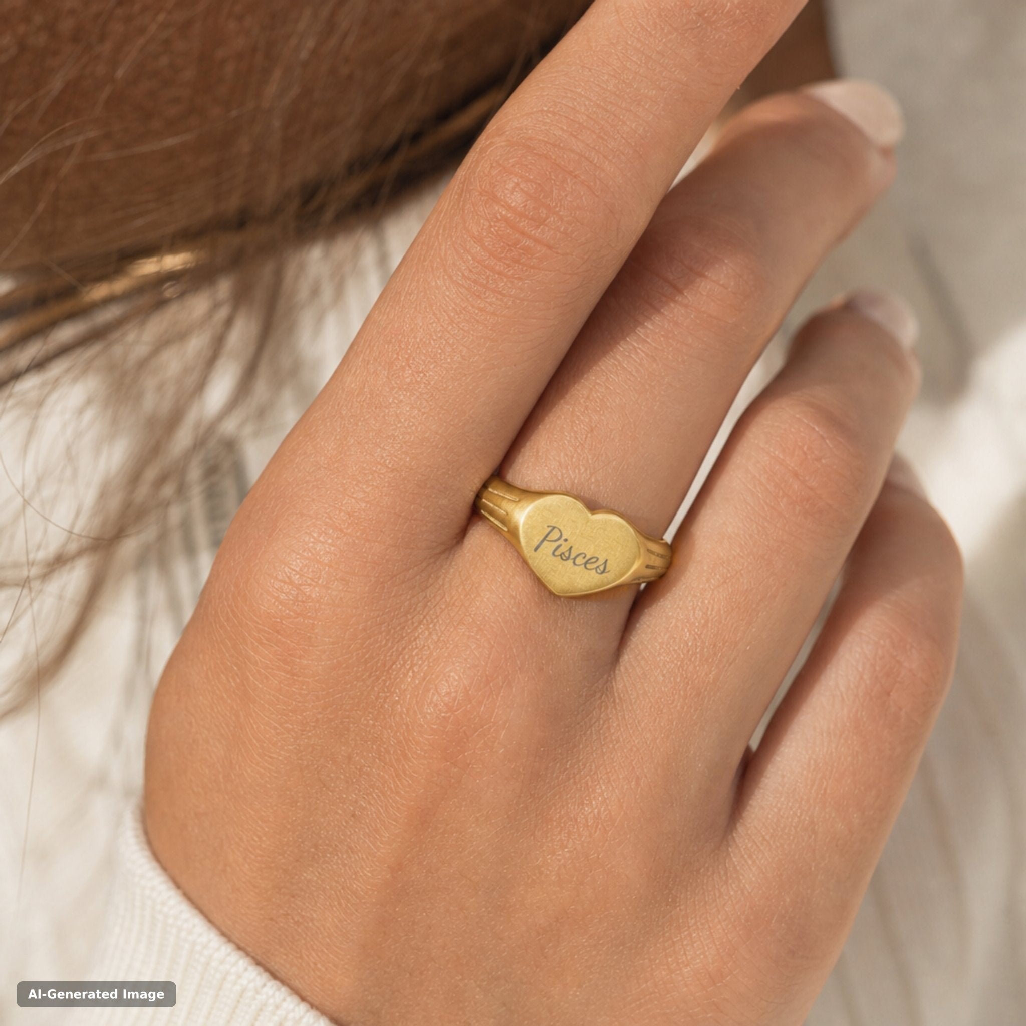Pisces heart signet ring worn on hand - engraved gold zodiac astrology ring (view 4)