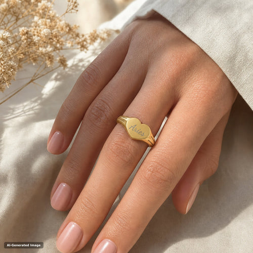 Aries heart signet ring worn on hand - engraved gold zodiac astrology ring (view 3)