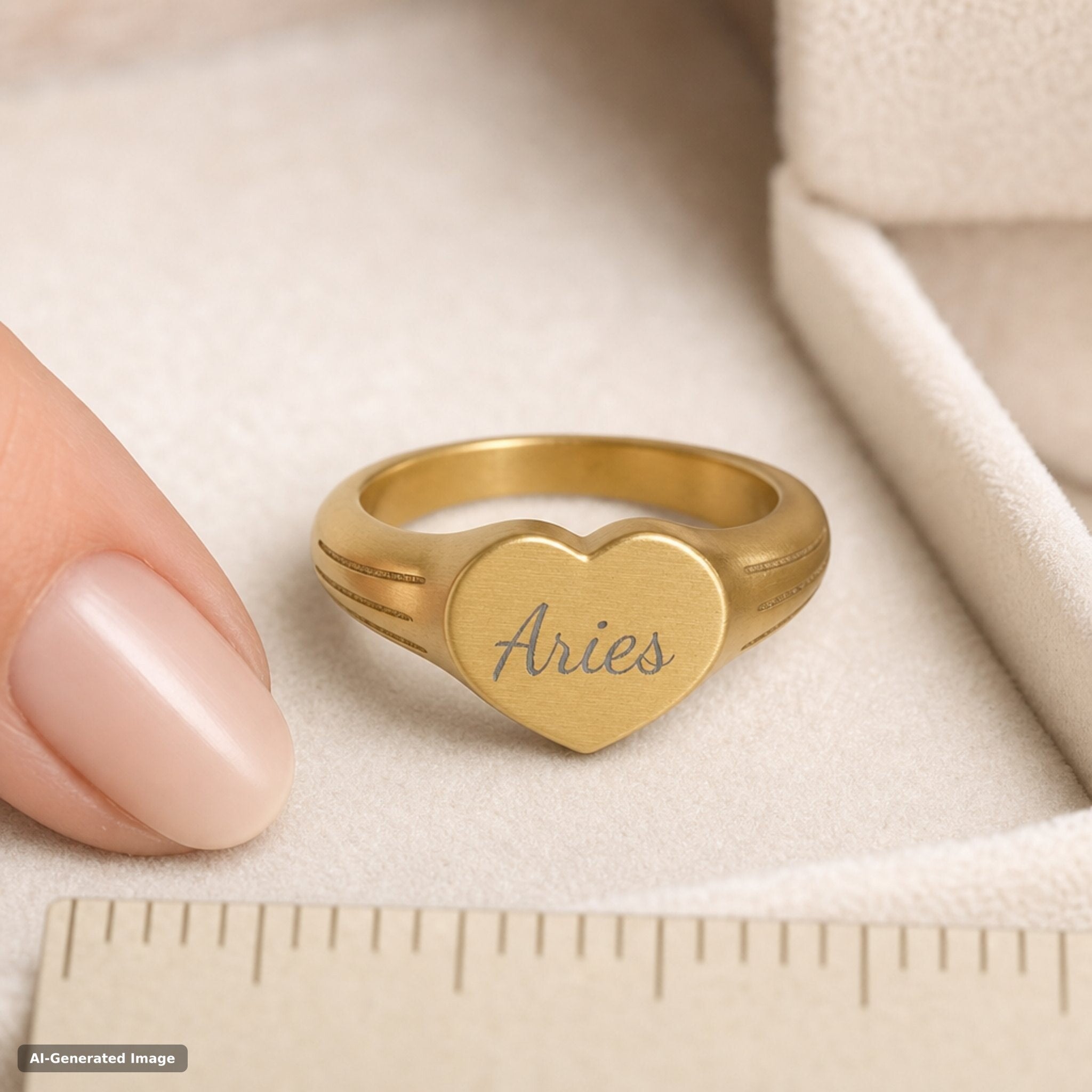 Aries heart signet ring worn on hand - engraved gold zodiac astrology ring (view 6)
