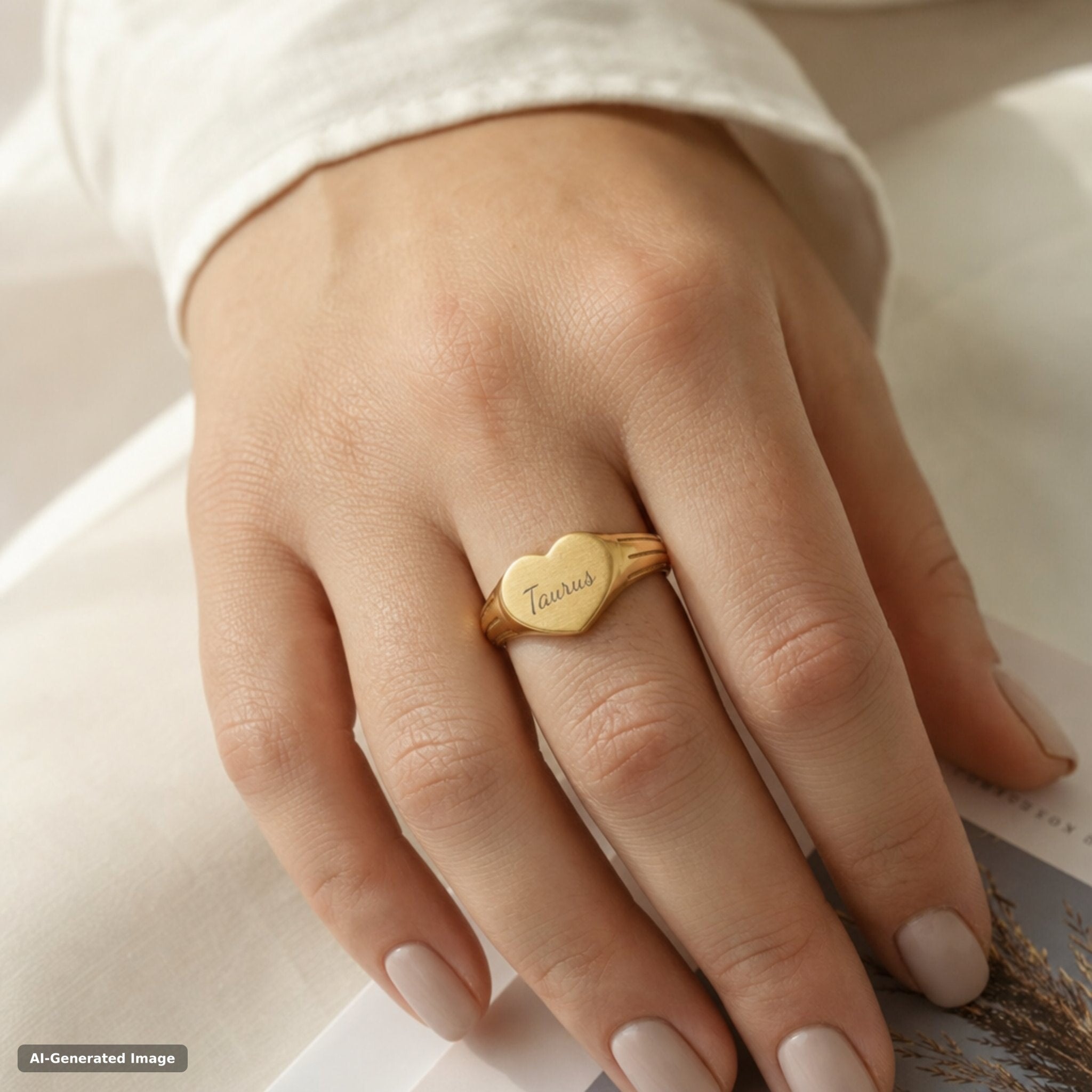Taurus heart signet ring worn on hand - engraved gold zodiac astrology ring (view 3)
