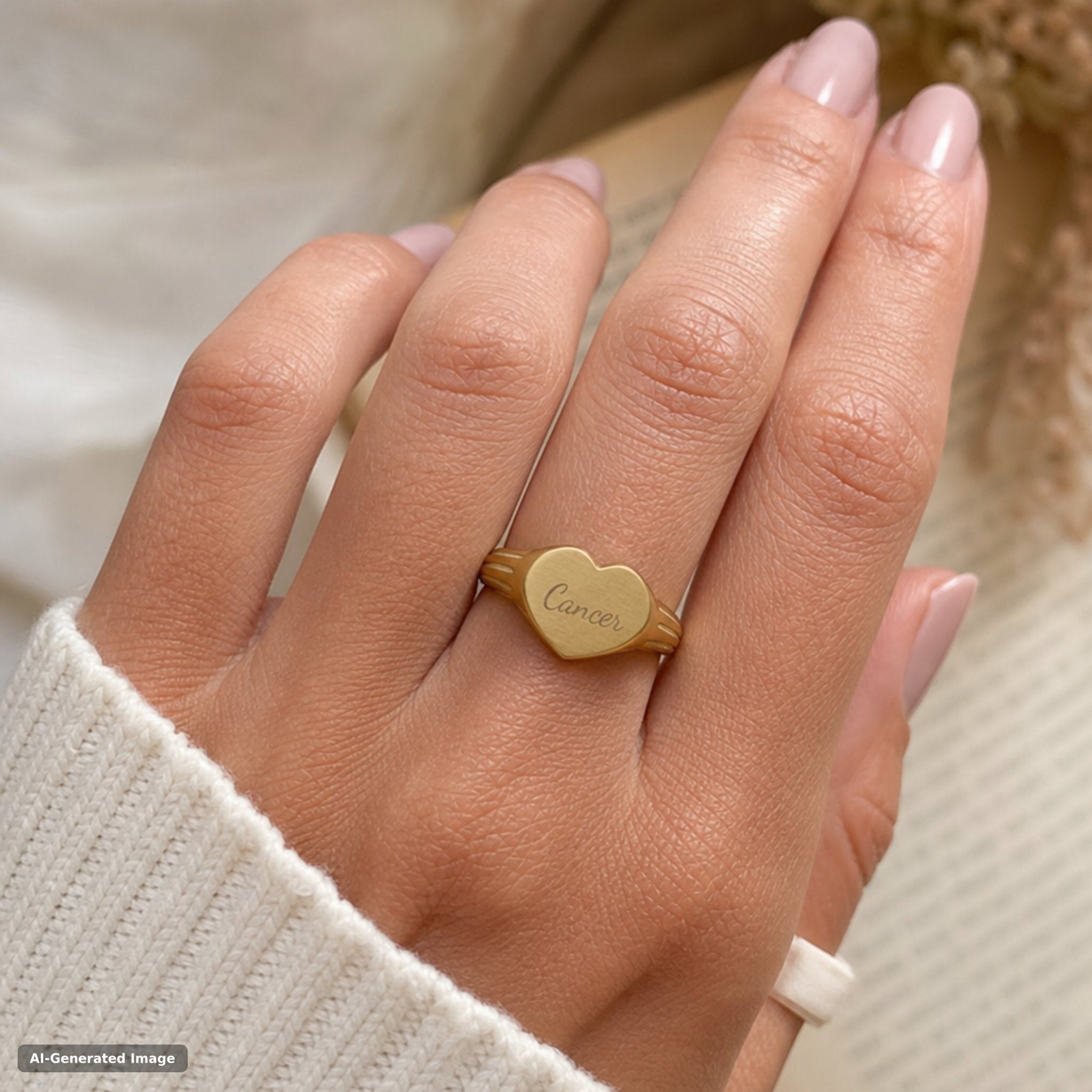 Cancer heart signet ring worn on hand - engraved gold zodiac astrology ring (view 4)