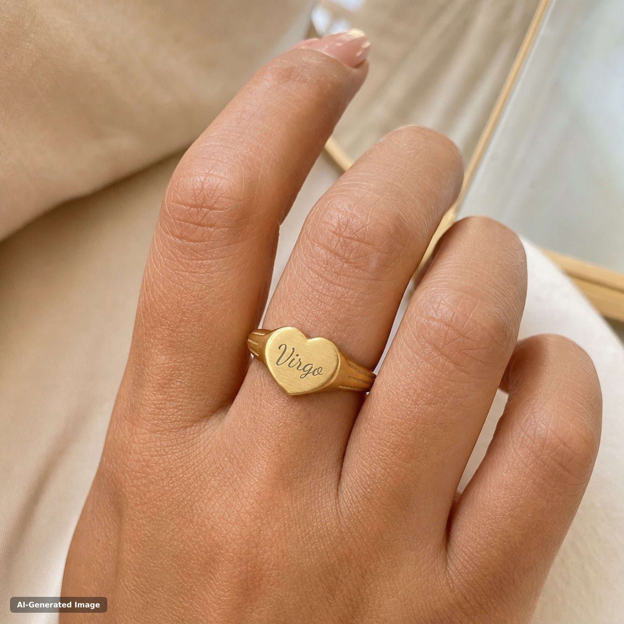 Virgo heart signet ring worn on hand - engraved gold zodiac astrology ring (view 4)