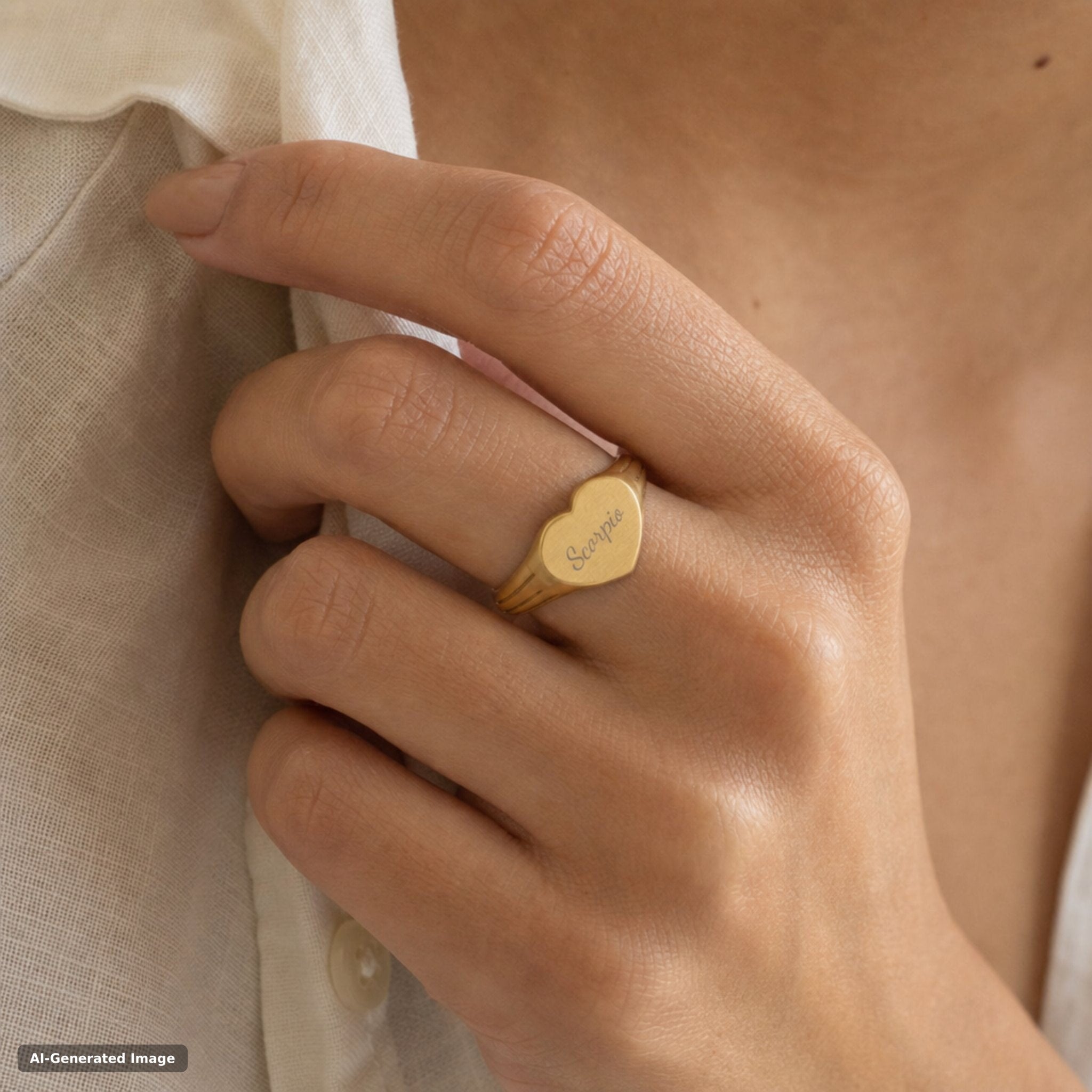 Scorpio heart signet ring worn on hand - engraved gold zodiac astrology ring (view 3)