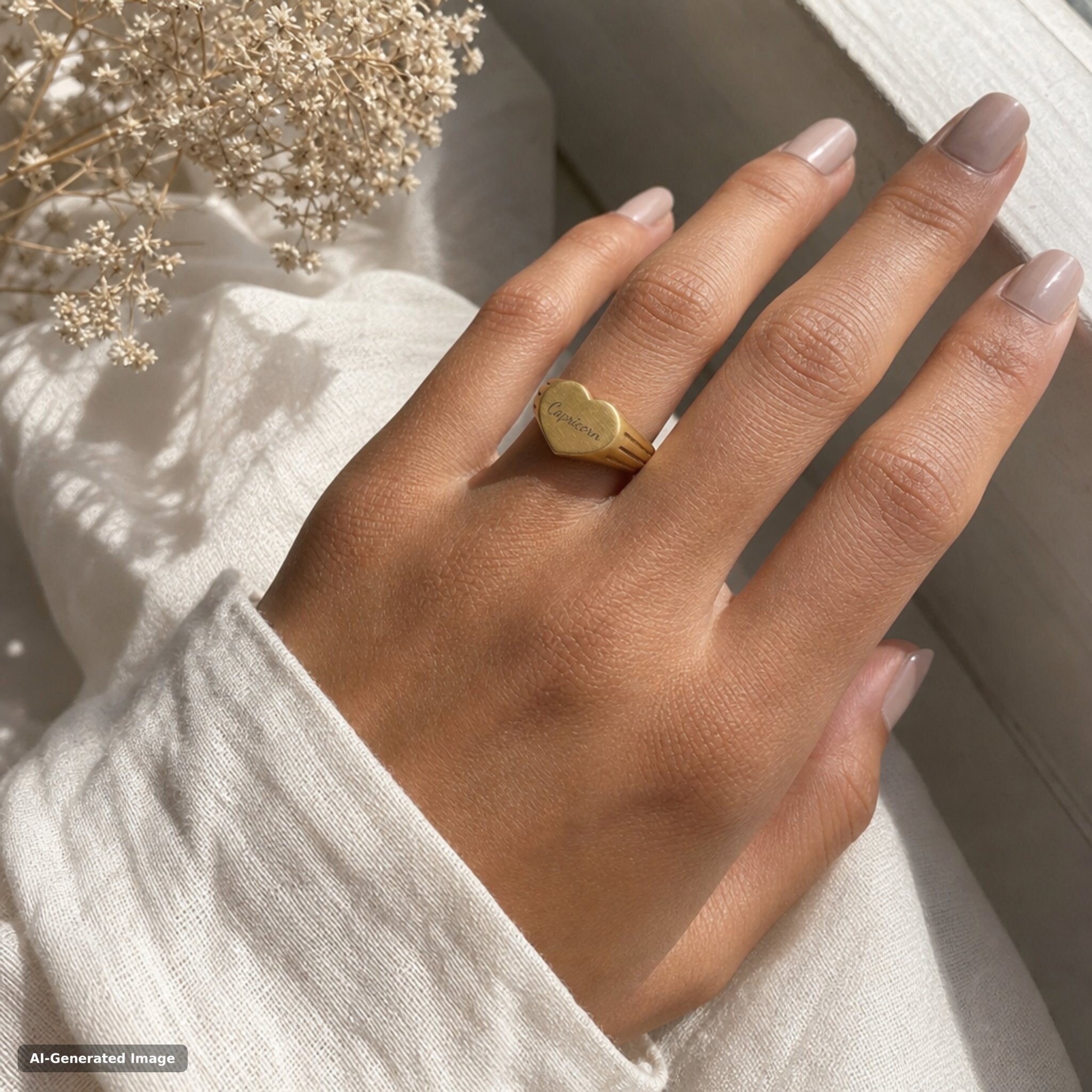Capricorn heart signet ring worn on hand - engraved gold zodiac astrology ring (view 4)