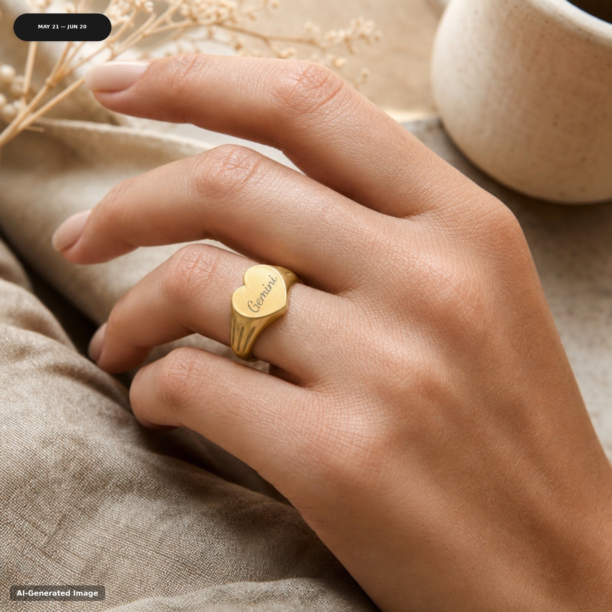 Gemini heart signet ring worn on hand - engraved gold zodiac astrology ring (view 1)