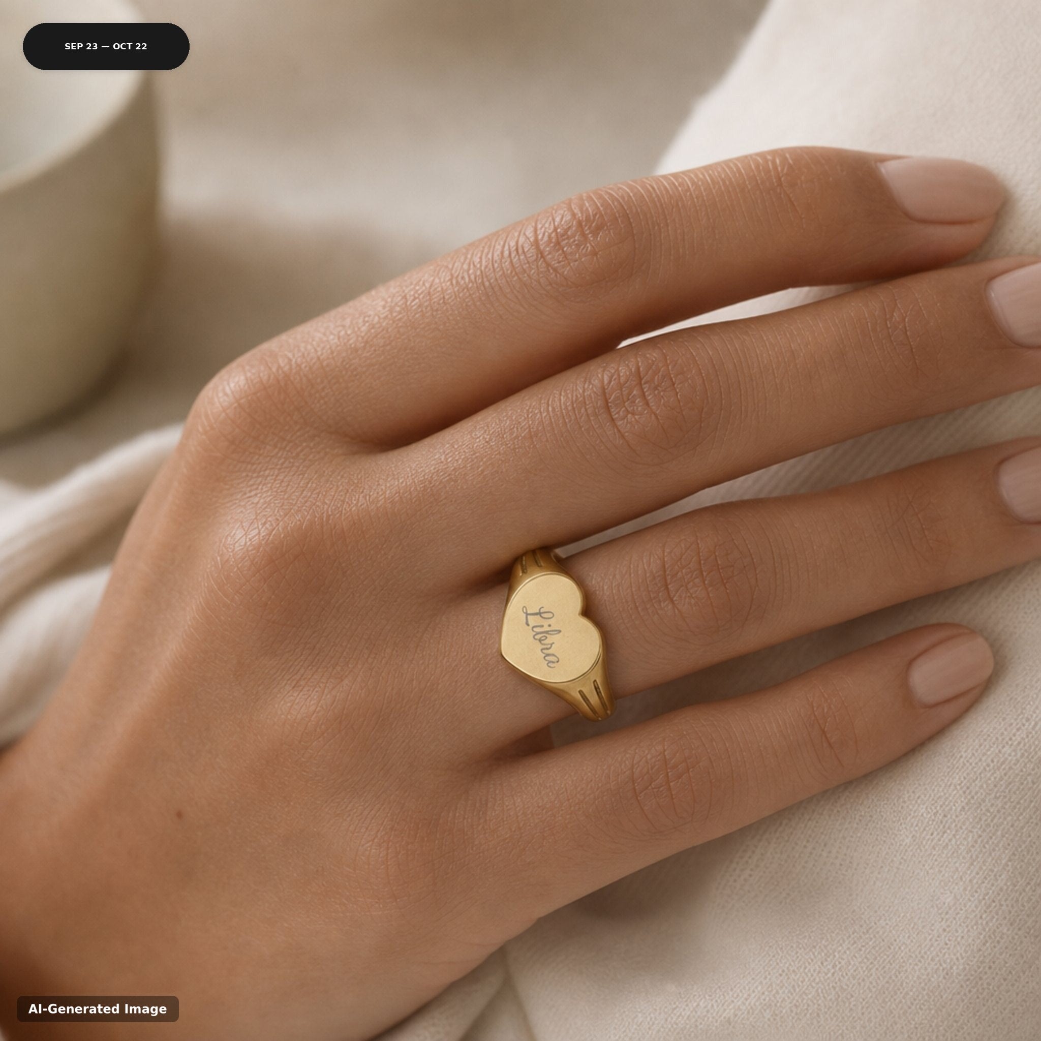 Libra heart signet ring worn on hand - engraved gold zodiac astrology ring (view 1)