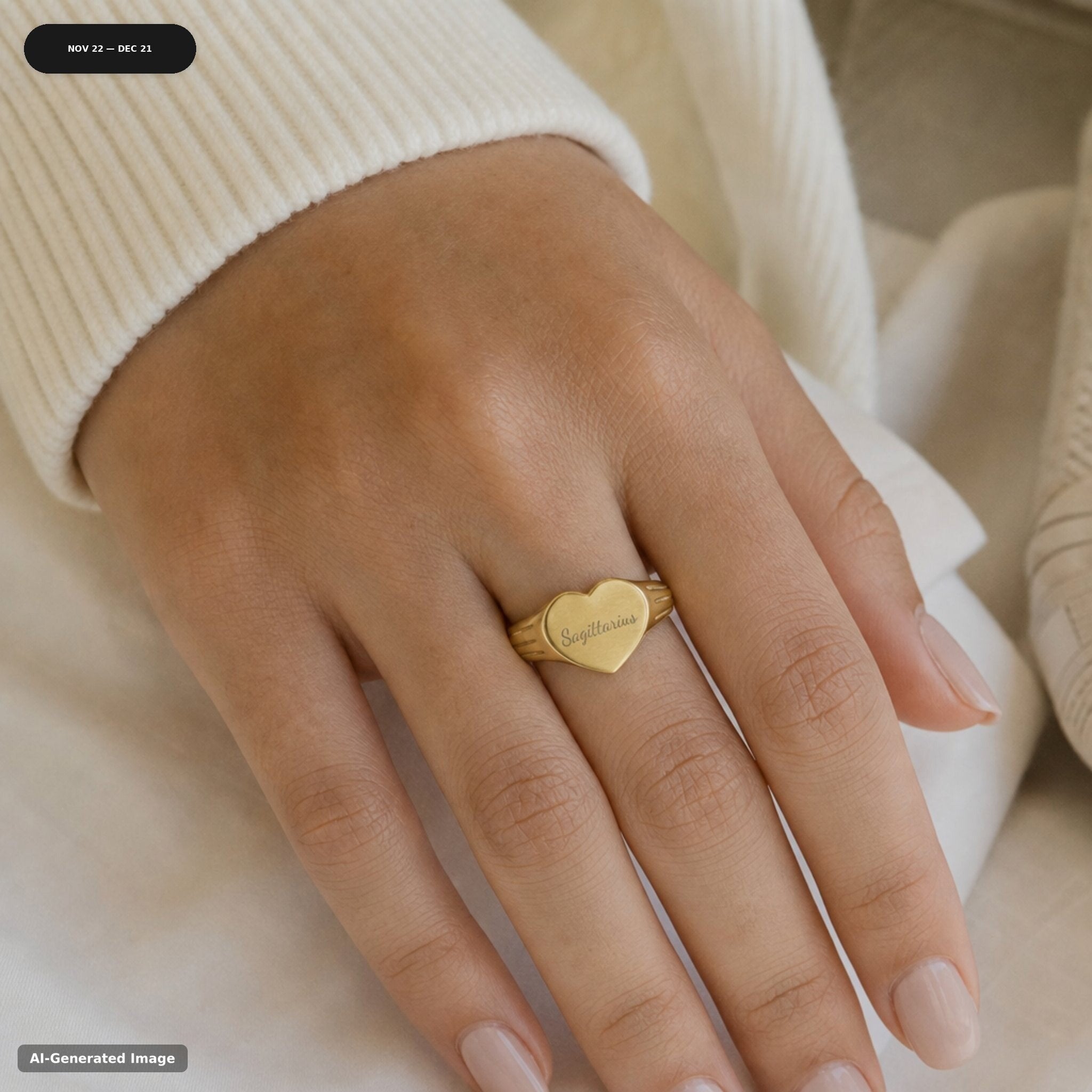 Sagittarius heart signet ring worn on hand - engraved gold zodiac astrology ring (view 1)