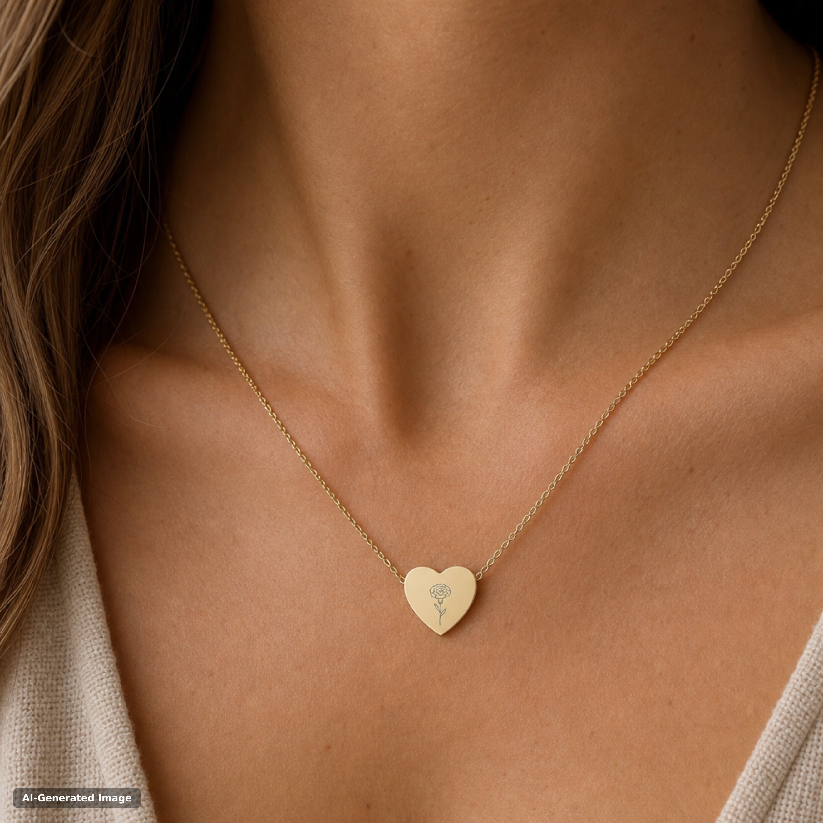 January birth flower necklace, carnation engraved heart pendant in 18K Gold PVD, worn on model, on-neck lifestyle (AI-generated image)