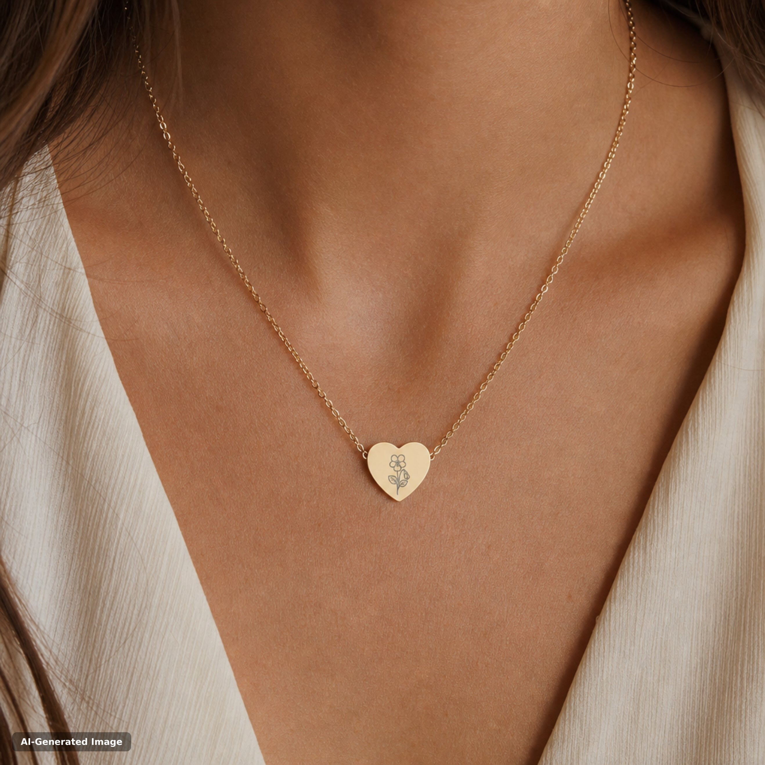 February birth flower necklace, violet engraved heart pendant in 18K Gold PVD, worn on model, on-neck lifestyle (AI-generated image)