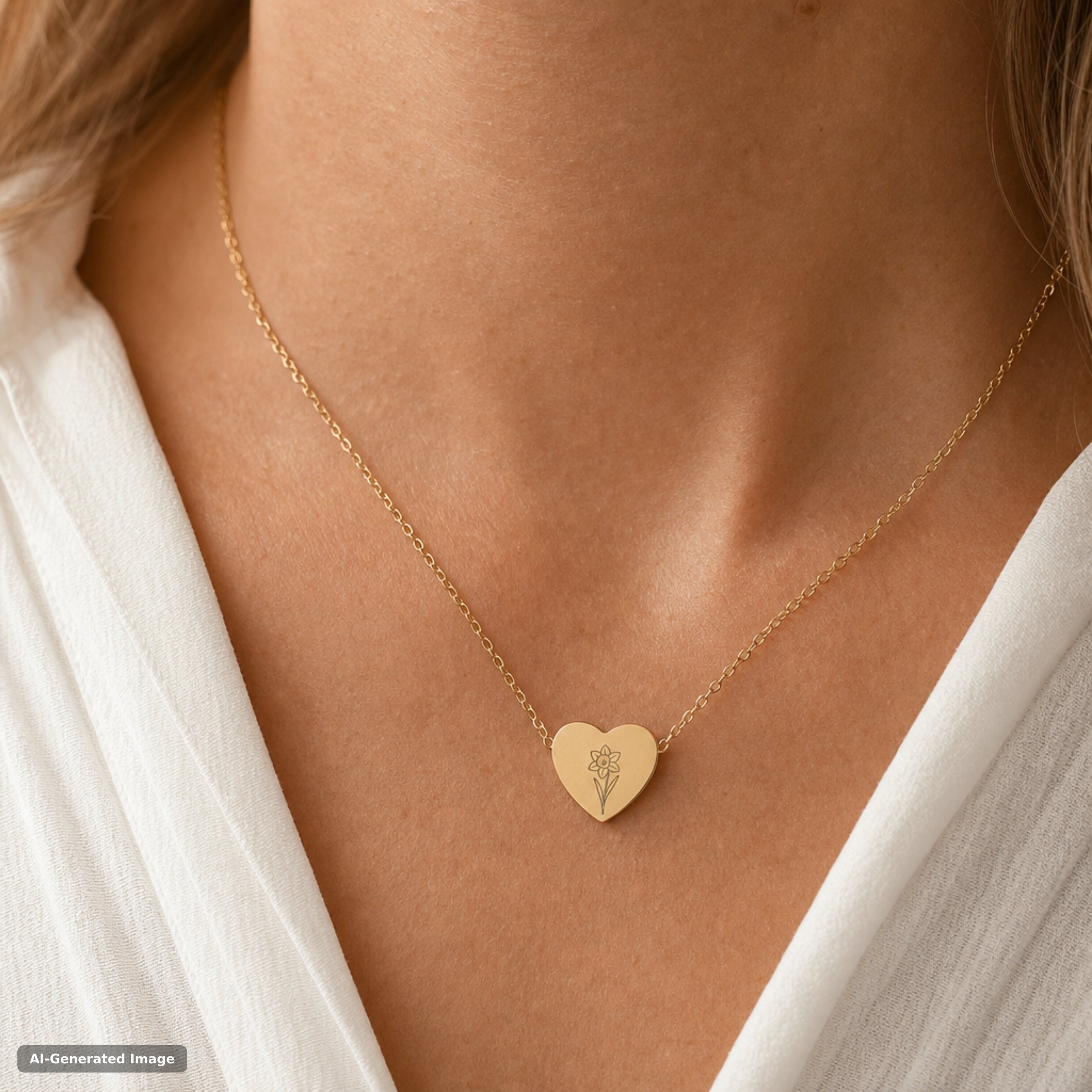 March birth flower necklace, daffodil engraved heart pendant in 18K Gold PVD, worn on model, on-neck lifestyle (AI-generated image)