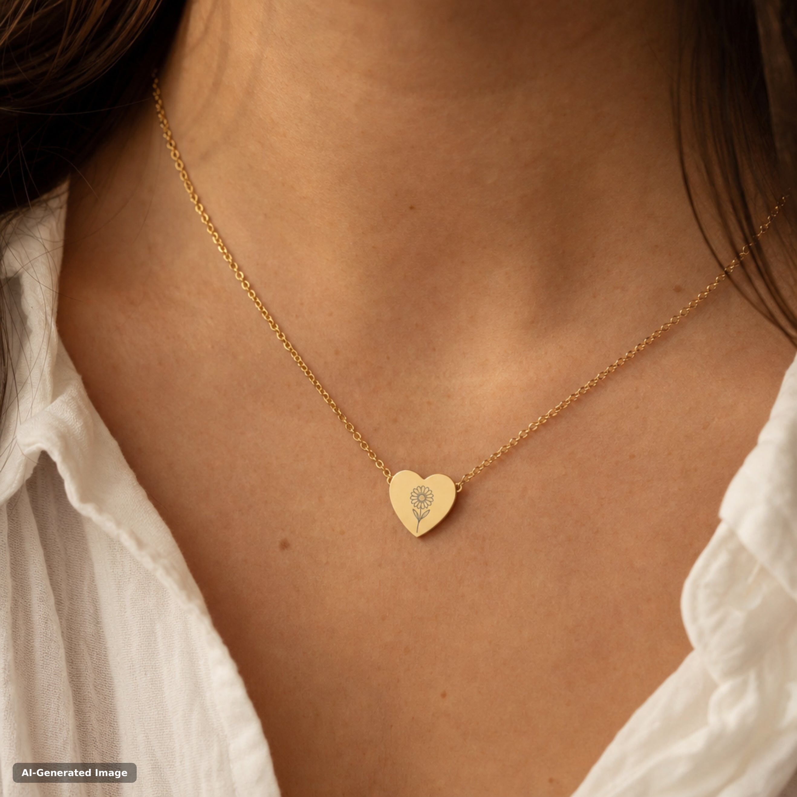 April birth flower necklace, daisy engraved heart pendant in 18K Gold PVD, worn on model, on-neck lifestyle (AI-generated image)