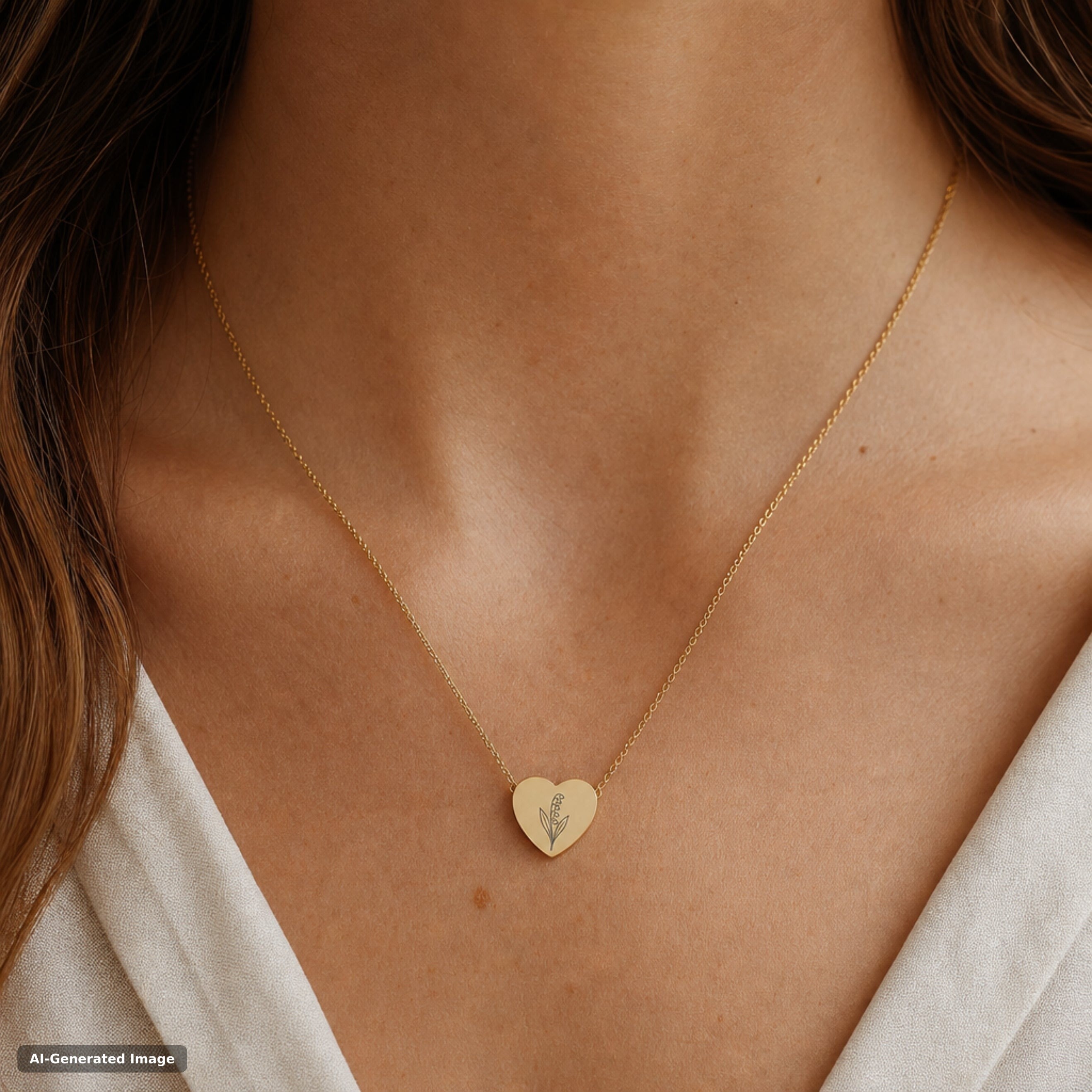 May birth flower necklace, lily of the valley engraved heart pendant in 18K Gold PVD, worn on model, on-neck lifestyle (AI-generated image)