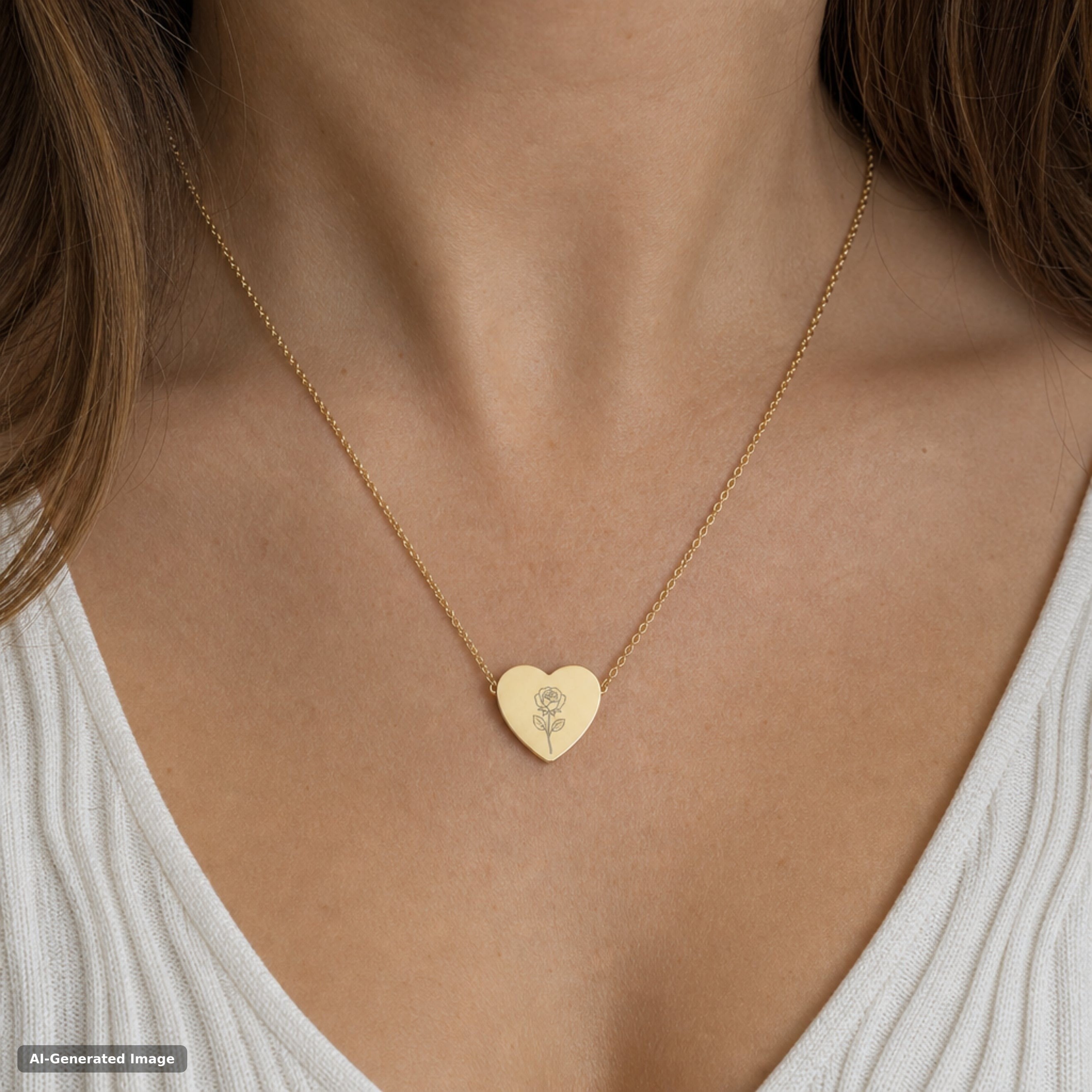 June birth flower necklace, rose engraved heart pendant in 18K Gold PVD, worn on model, on-neck lifestyle (AI-generated image)