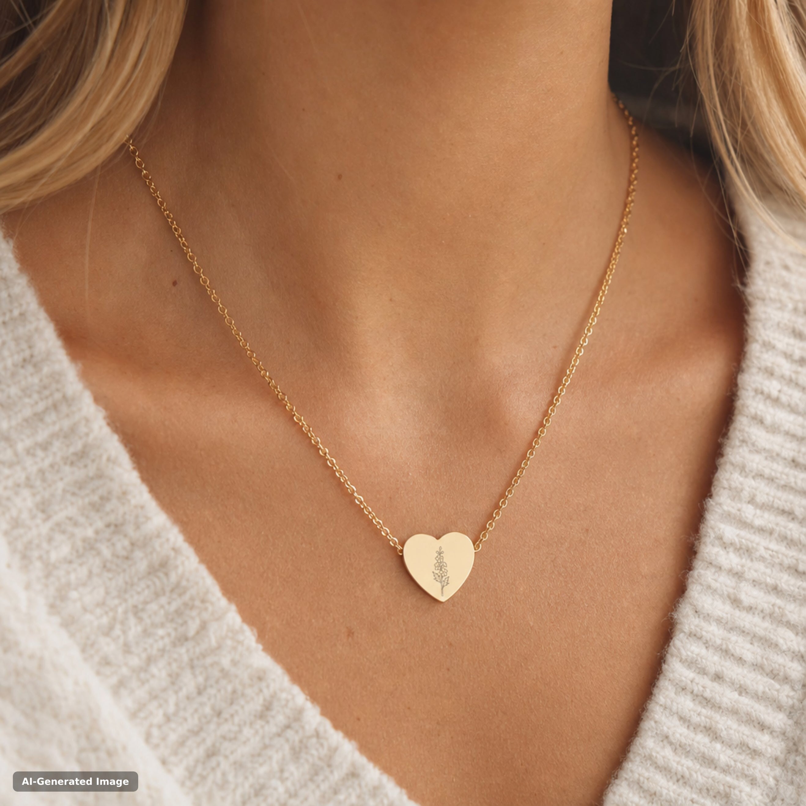 July birth flower necklace, larkspur engraved heart pendant in 18K Gold PVD, worn on model, on-neck lifestyle (AI-generated image)