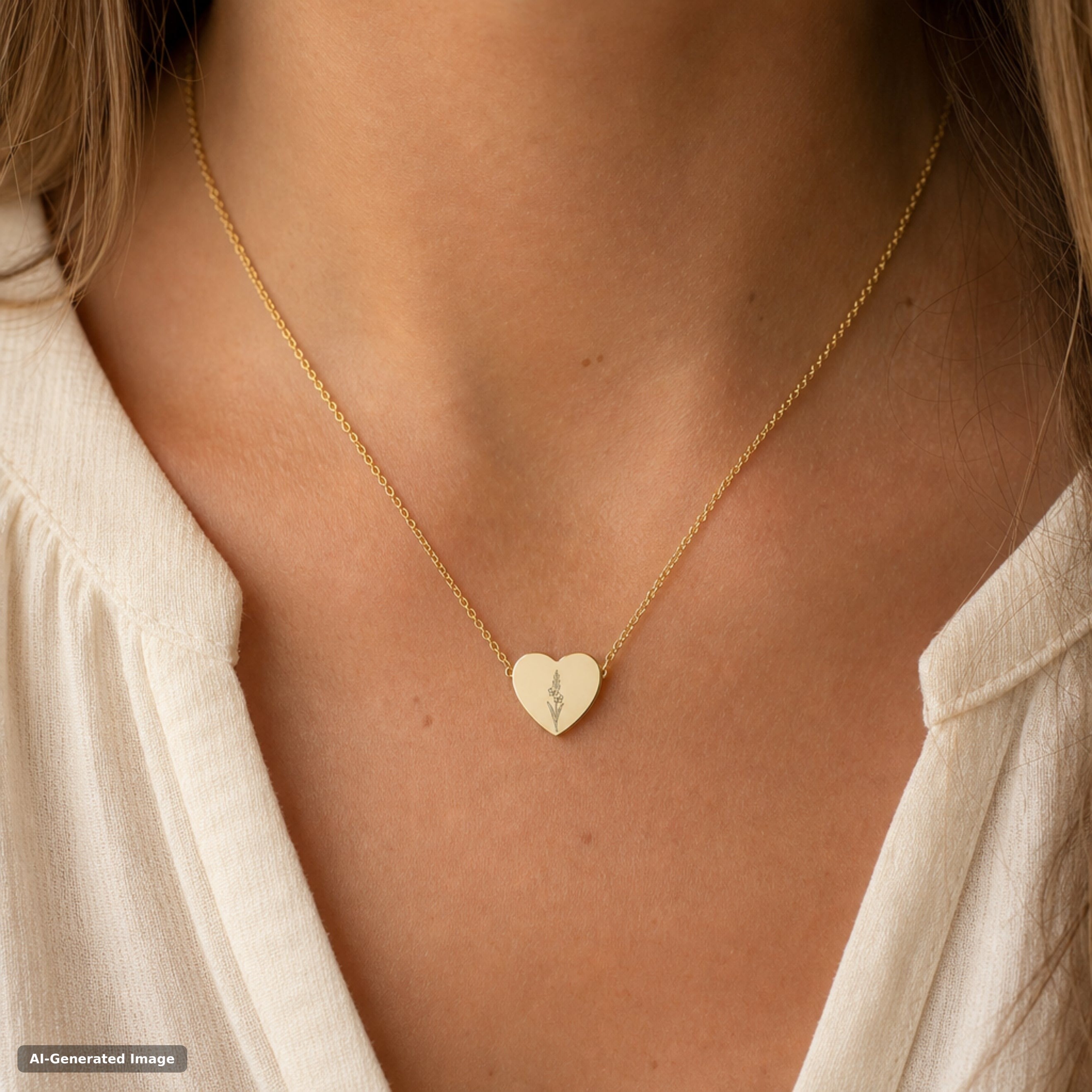 August birth flower necklace, gladiolus engraved heart pendant in 18K Gold PVD, worn on model, on-neck lifestyle (AI-generated image)