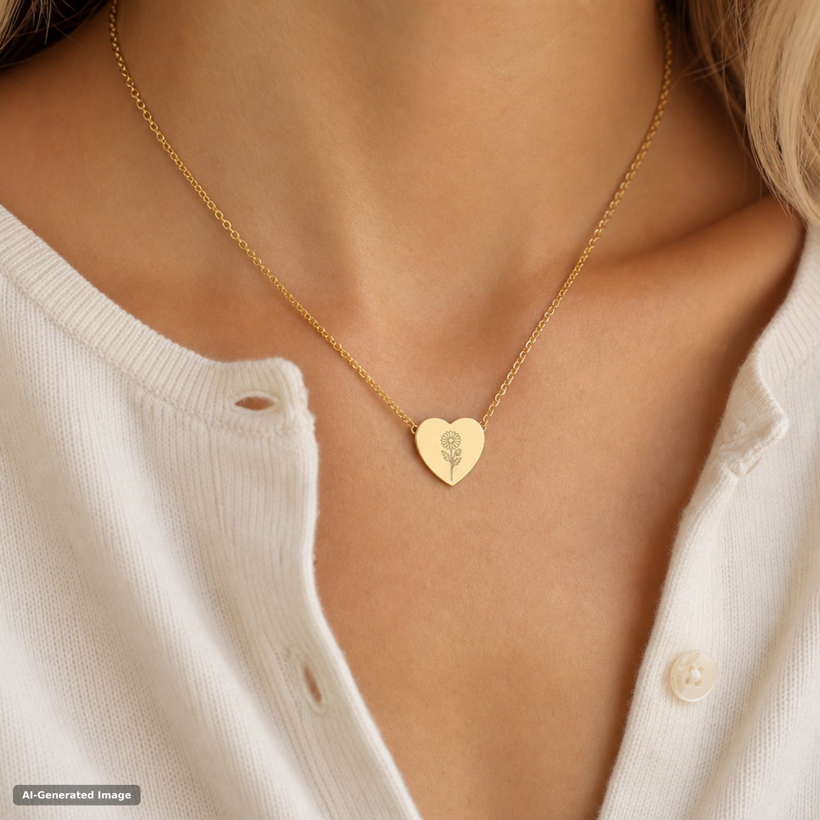 September birth flower necklace, aster engraved heart pendant in 18K Gold PVD, worn on model, on-neck lifestyle (AI-generated image)