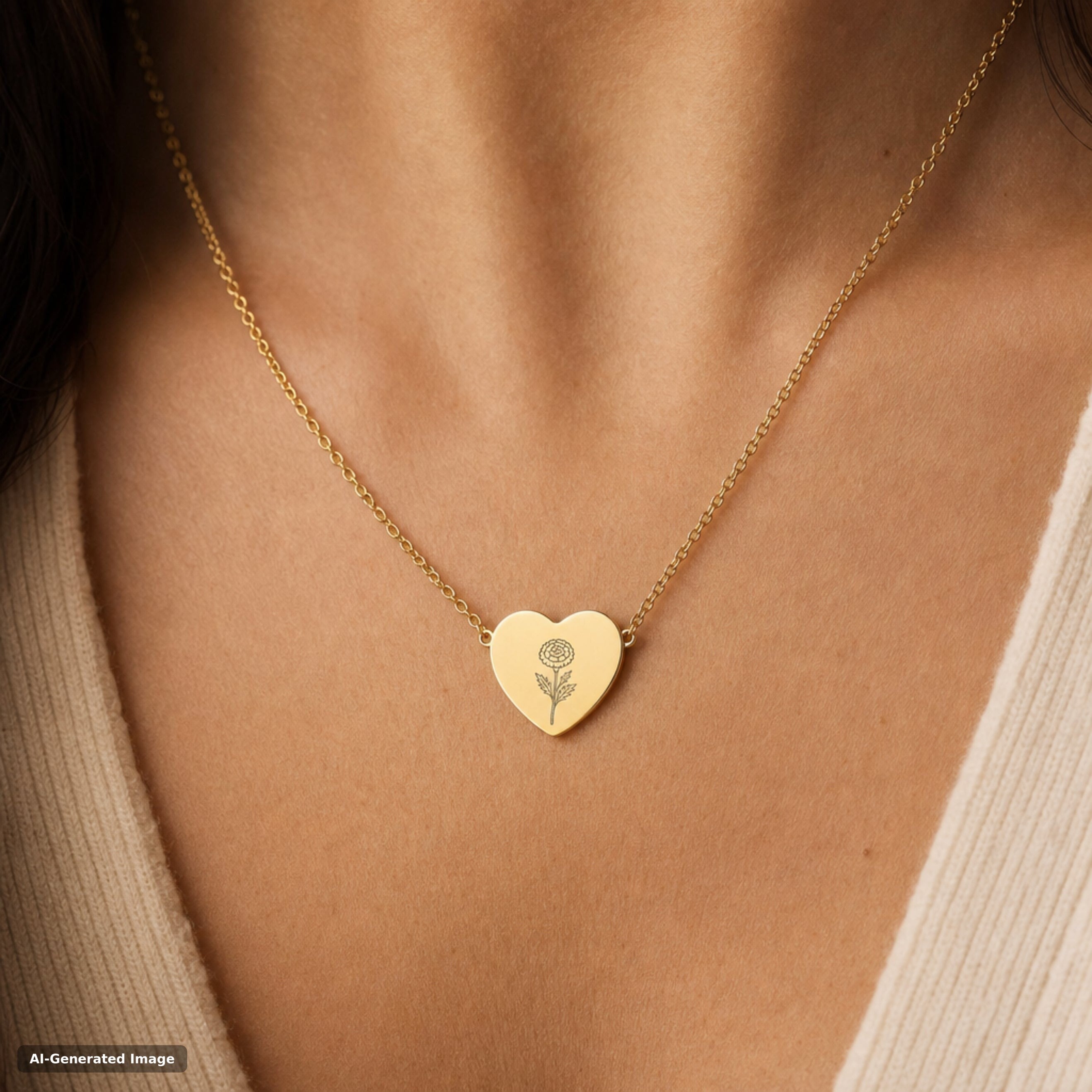 October birth flower necklace, marigold engraved heart pendant in 18K Gold PVD, worn on model, on-neck lifestyle (AI-generated image)