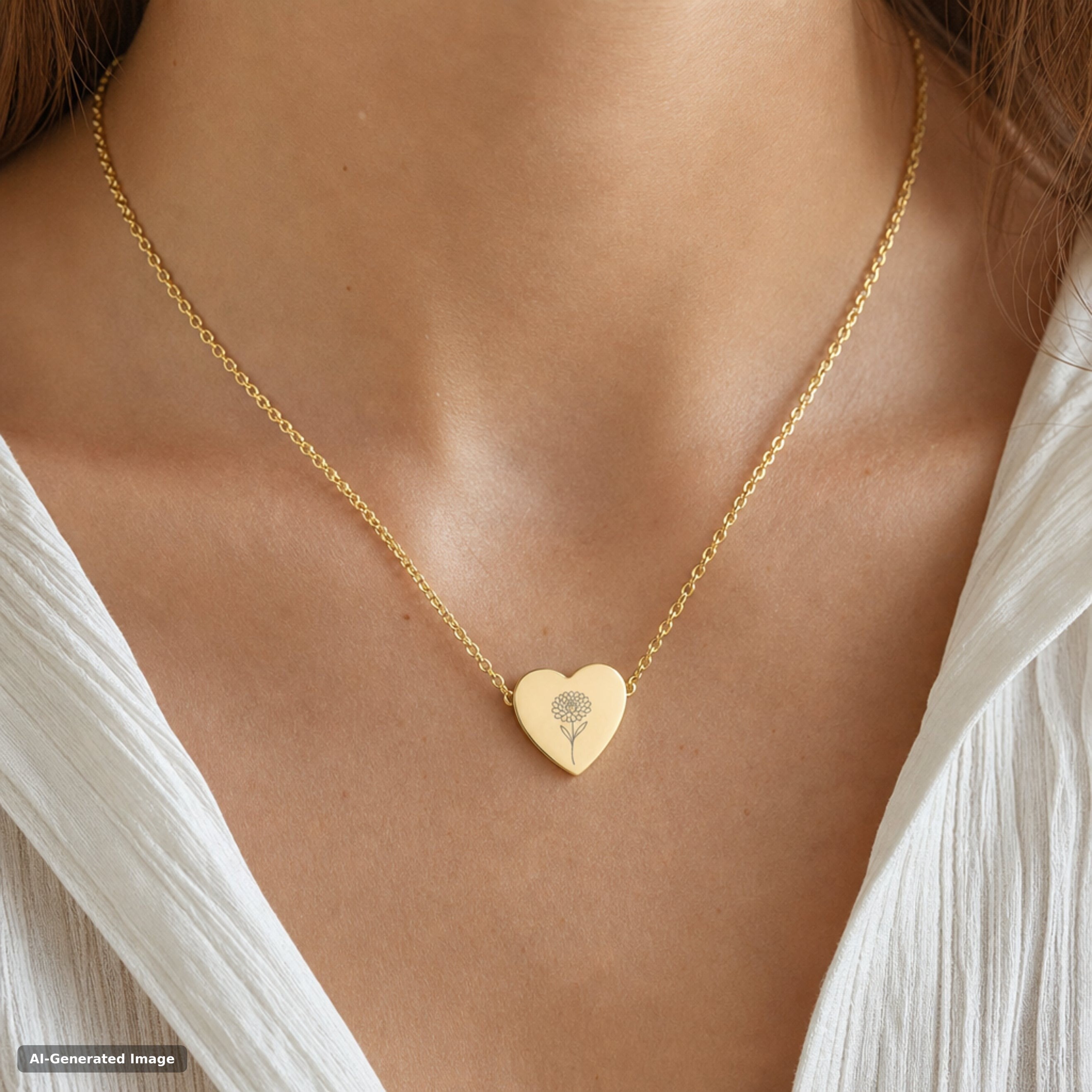 November birth flower necklace, chrysanthemum engraved heart pendant in 18K Gold PVD, worn on model, on-neck lifestyle (AI-generated image)
