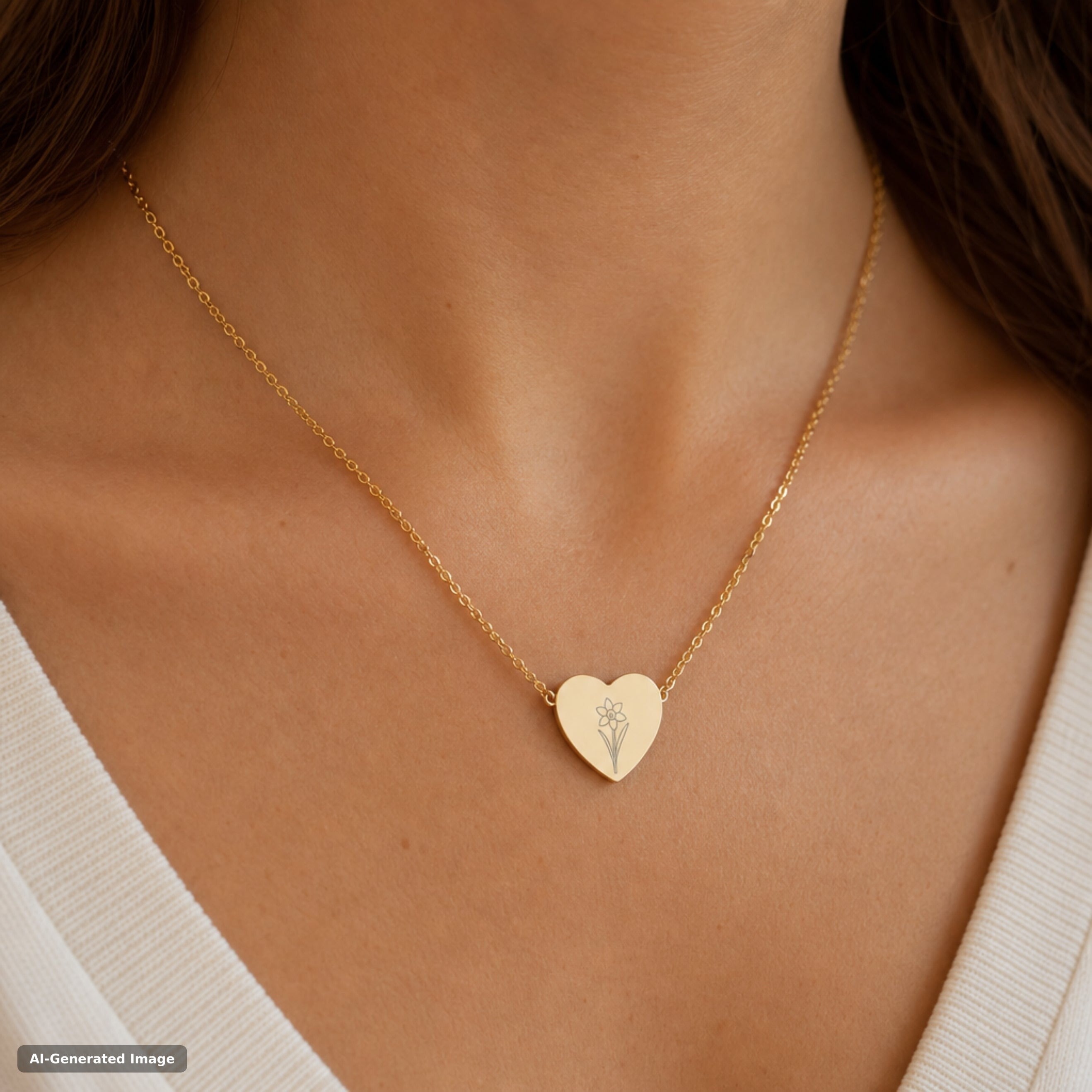 December birth flower necklace, narcissus engraved heart pendant in 18K Gold PVD, worn on model, on-neck lifestyle (AI-generated image)