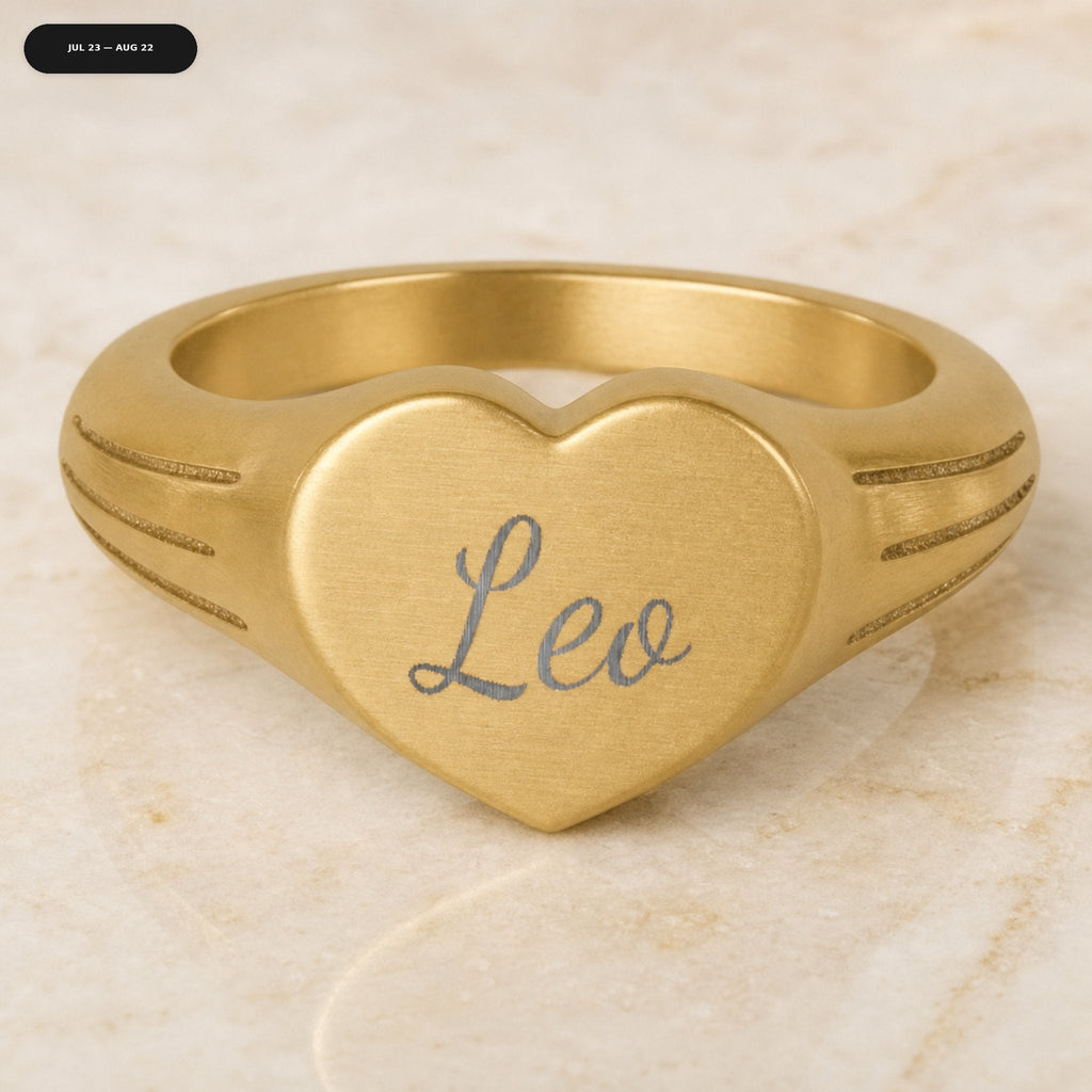 Leo Heart Signet Ring - zodiac engraved pendant with date range