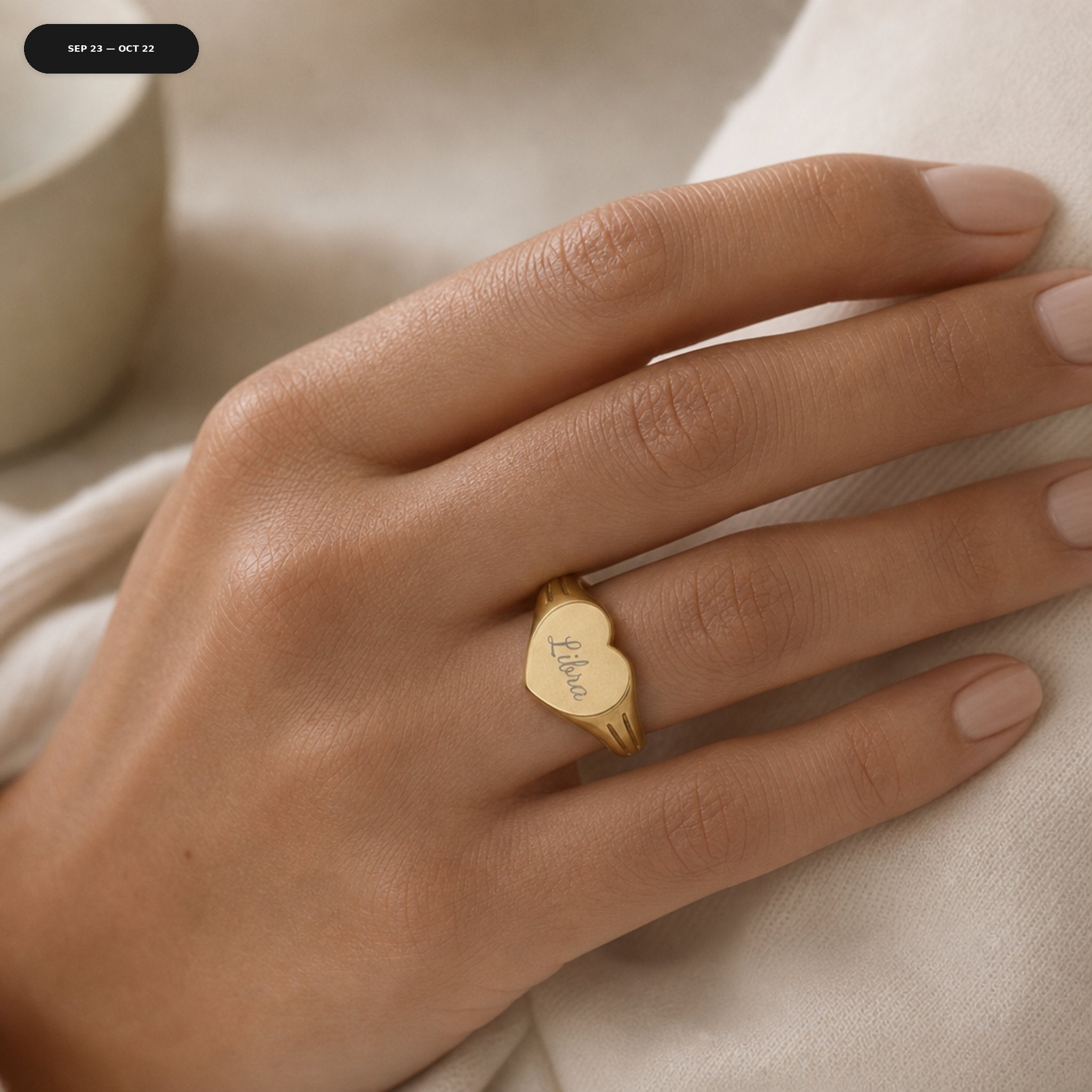 Libra Heart Signet Ring - zodiac engraved pendant with date range