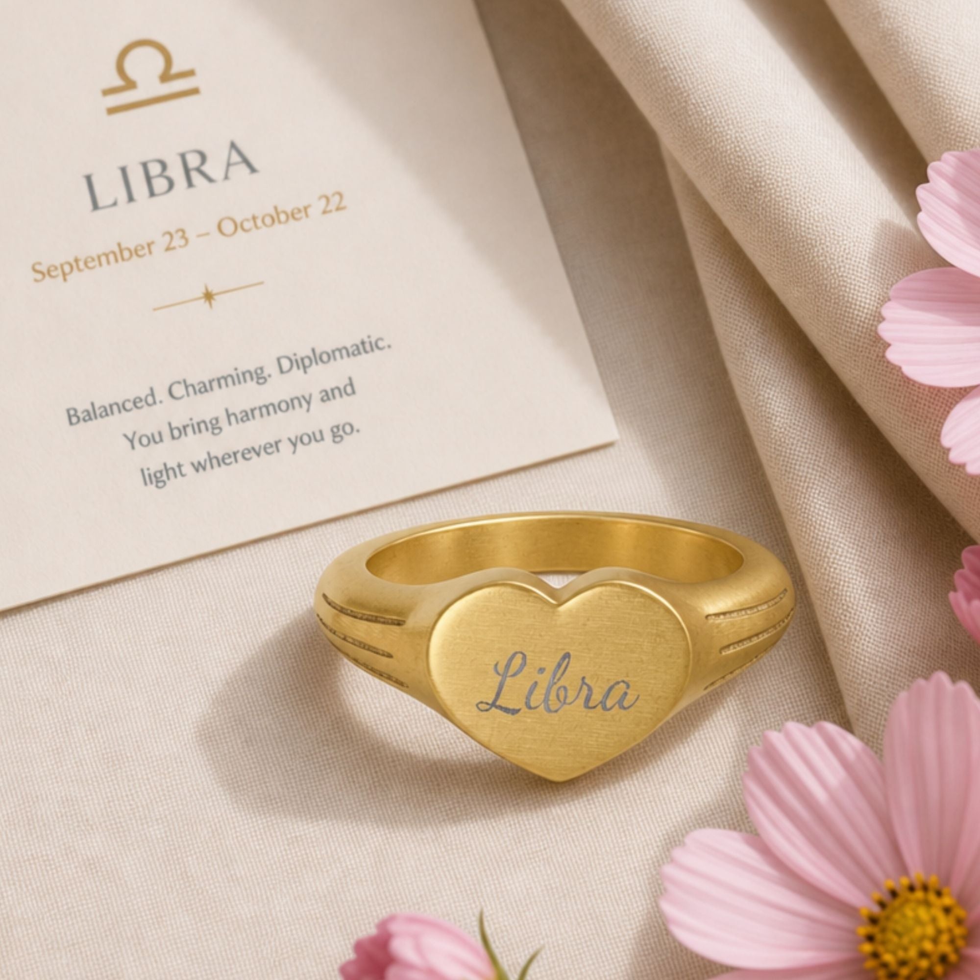 Libra Signet Ring, Libra Ring, Star Signet Ring, Heart Signet Ring