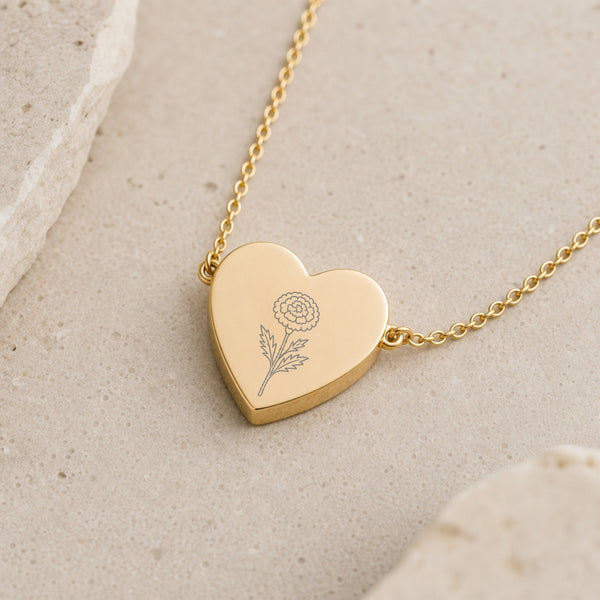 October birth flower Heart necklace — engraved with Marigold