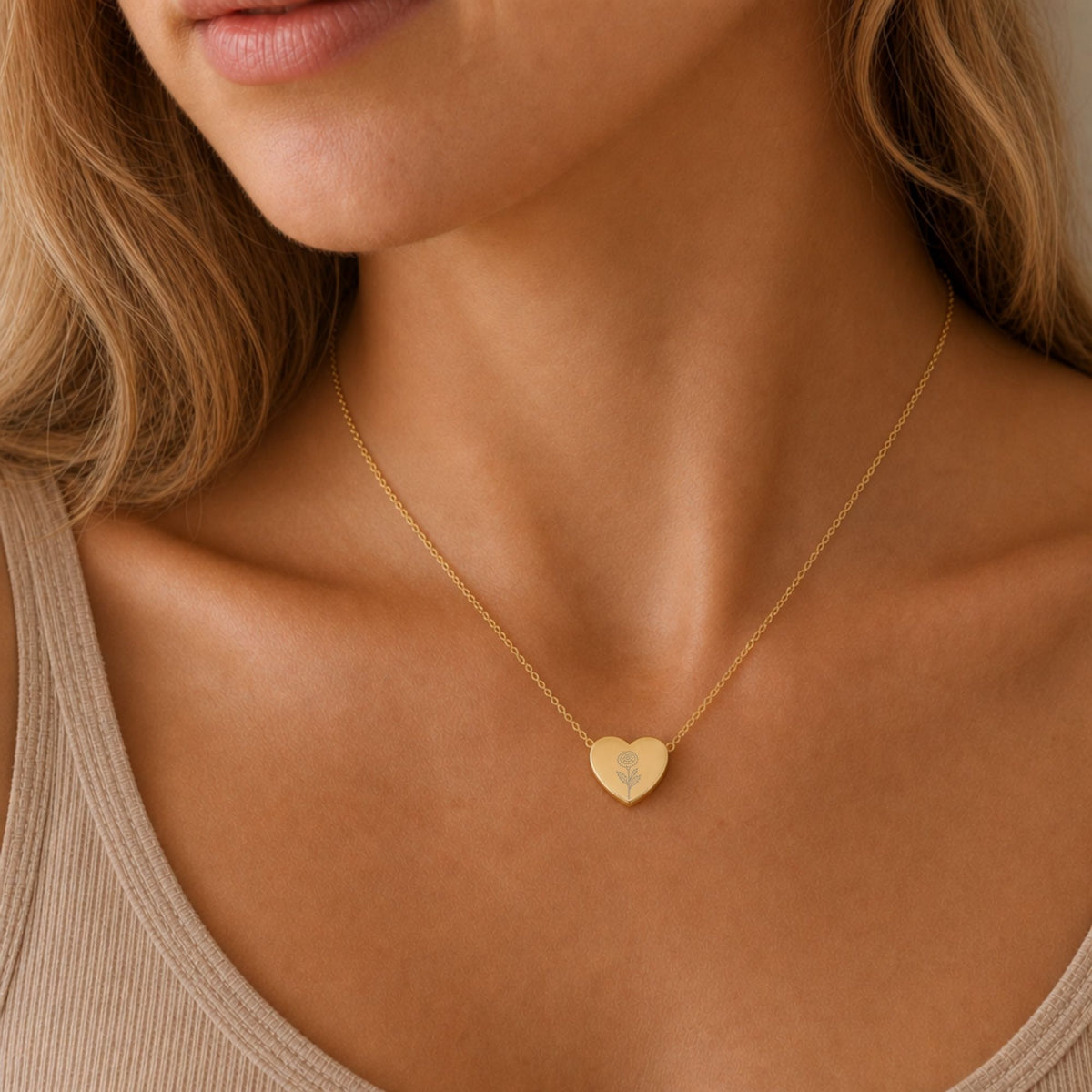 Marigold Necklace, Marigold Pendant, October Birth Flower, Birth Flower Heart
