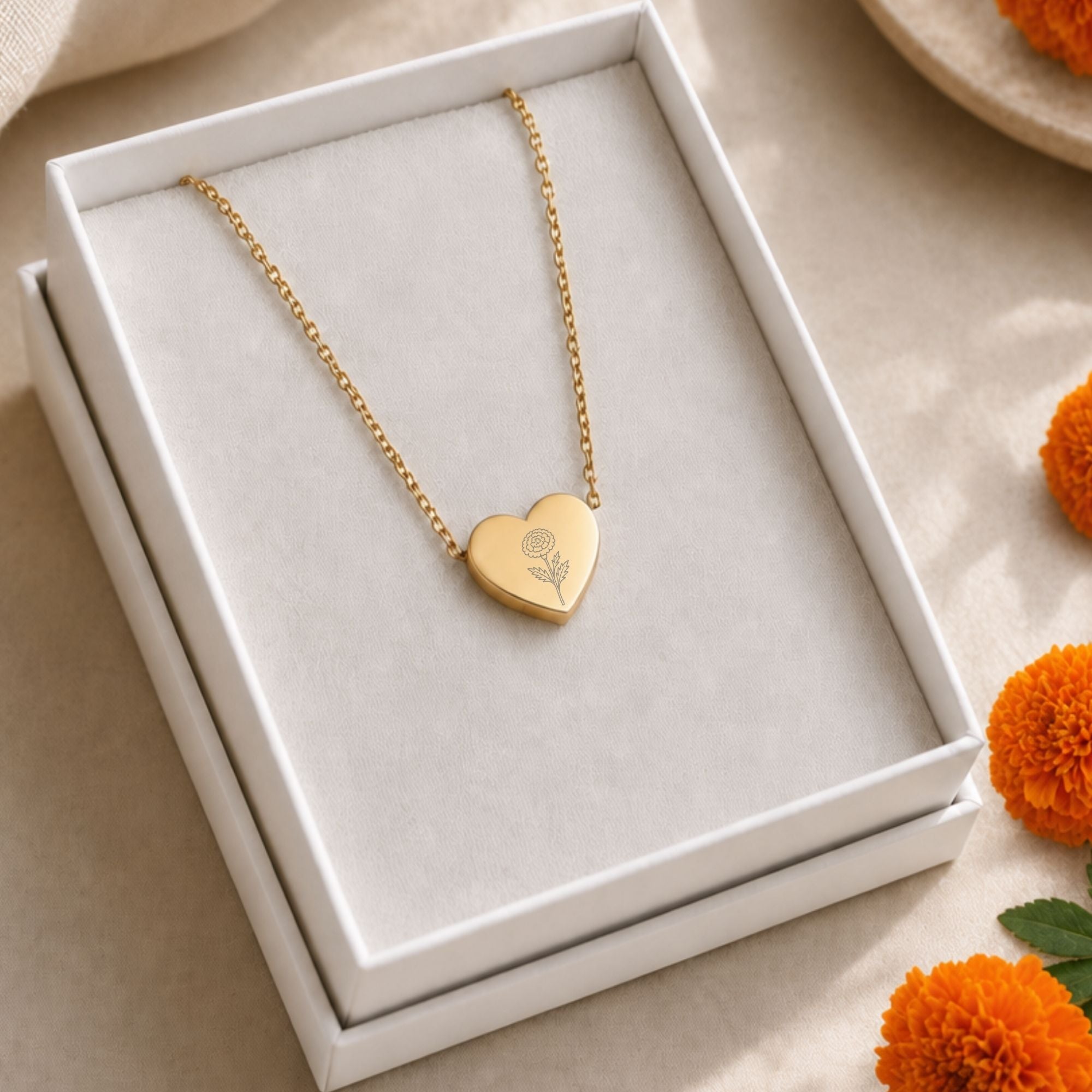 Marigold Necklace, Marigold Pendant, October Birth Flower, Birth Flower Heart