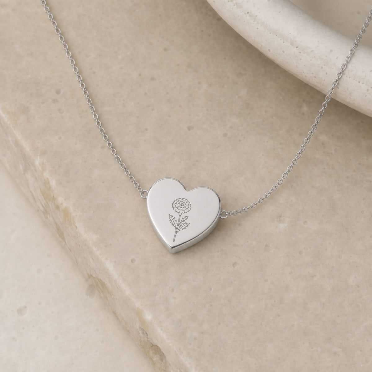 Marigold Necklace, Marigold Pendant, October Birth Flower, Birth Flower Heart