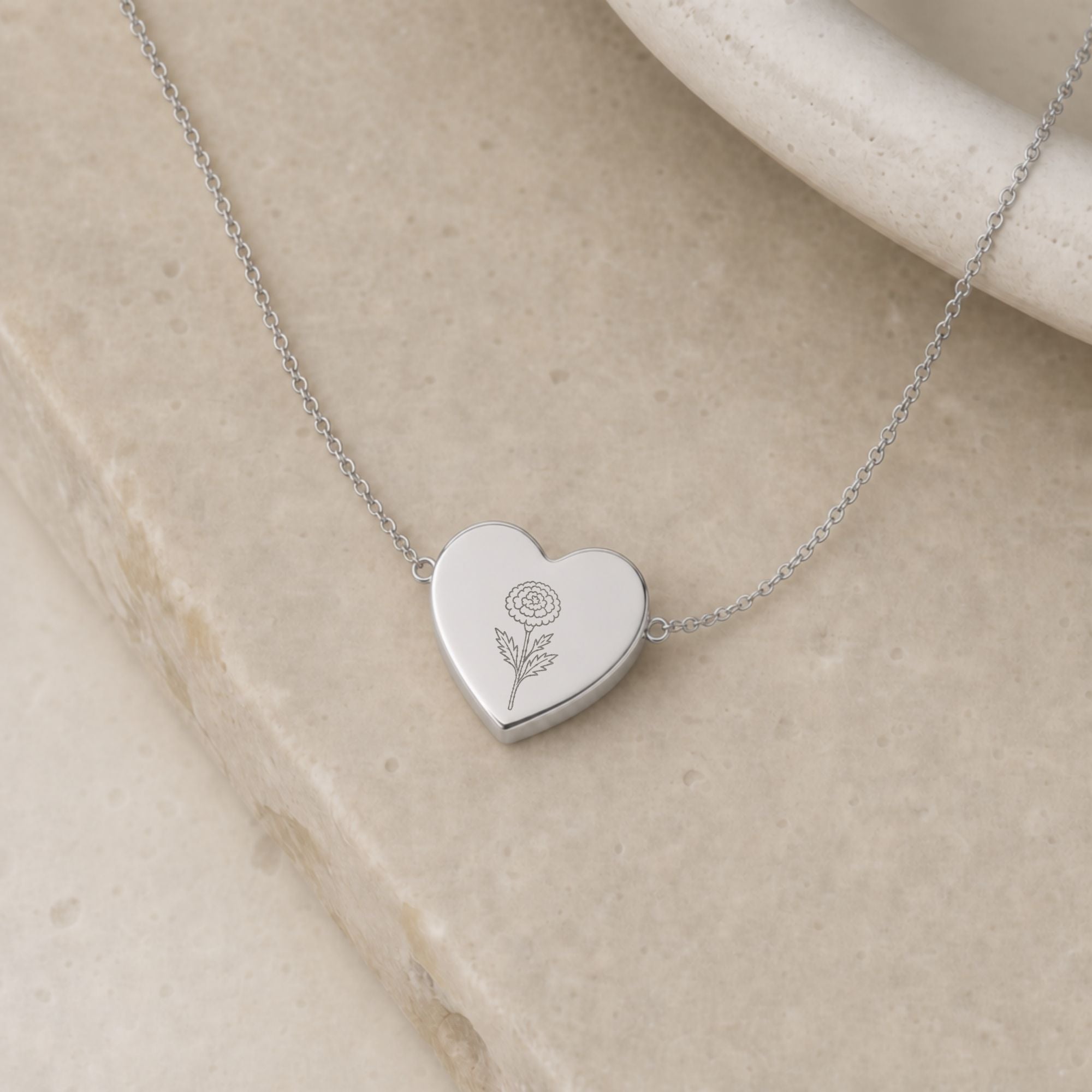 Marigold Necklace, Marigold Pendant, October Birth Flower, Birth Flower Heart