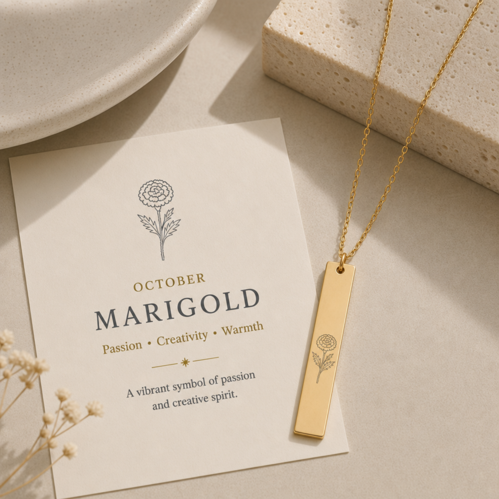 Marigold Necklace, Marigold Pendant, October Birth Flower