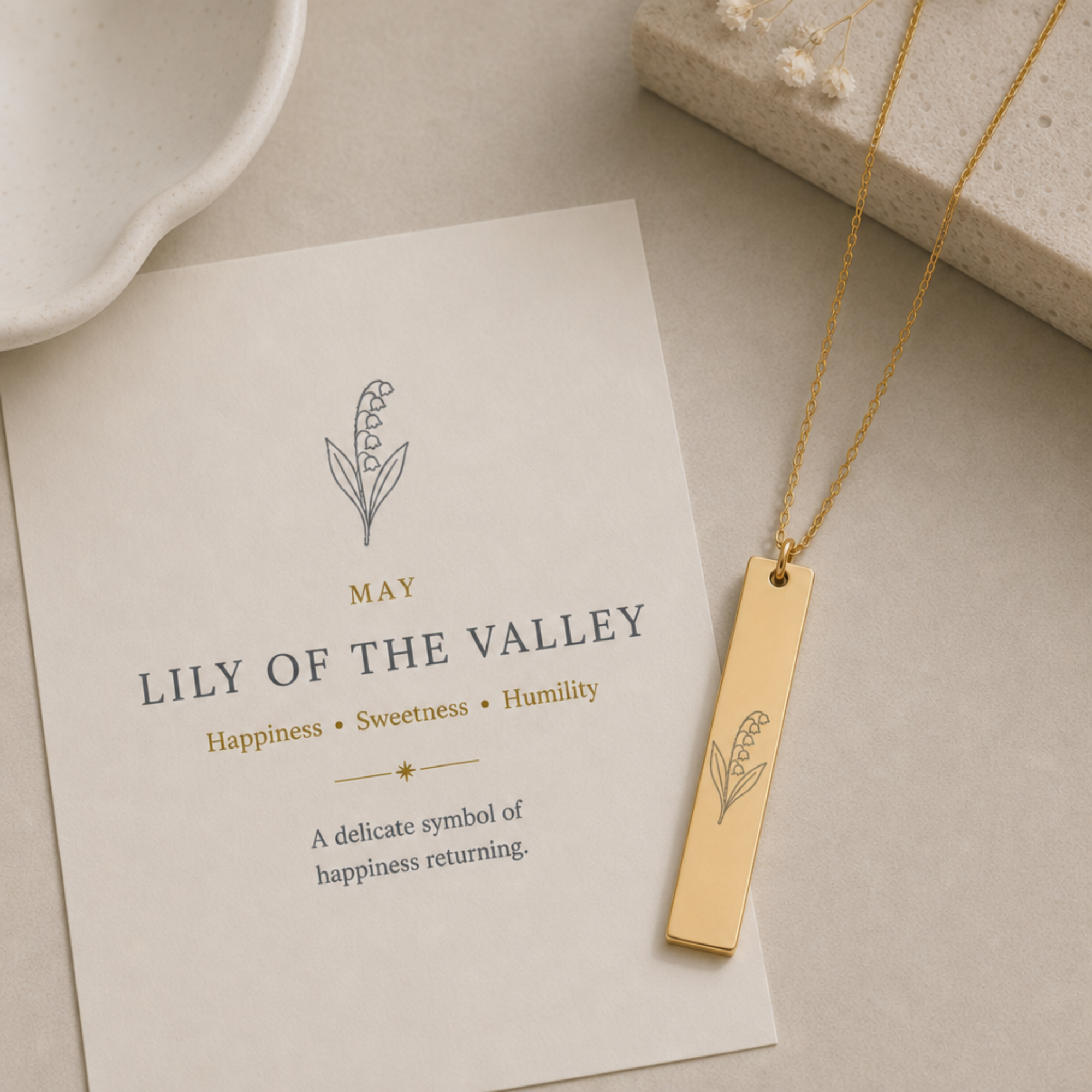 Lily of the Valley Necklace, May Flower Necklace, Dainty Lily Necklace, Thin Bar Necklace