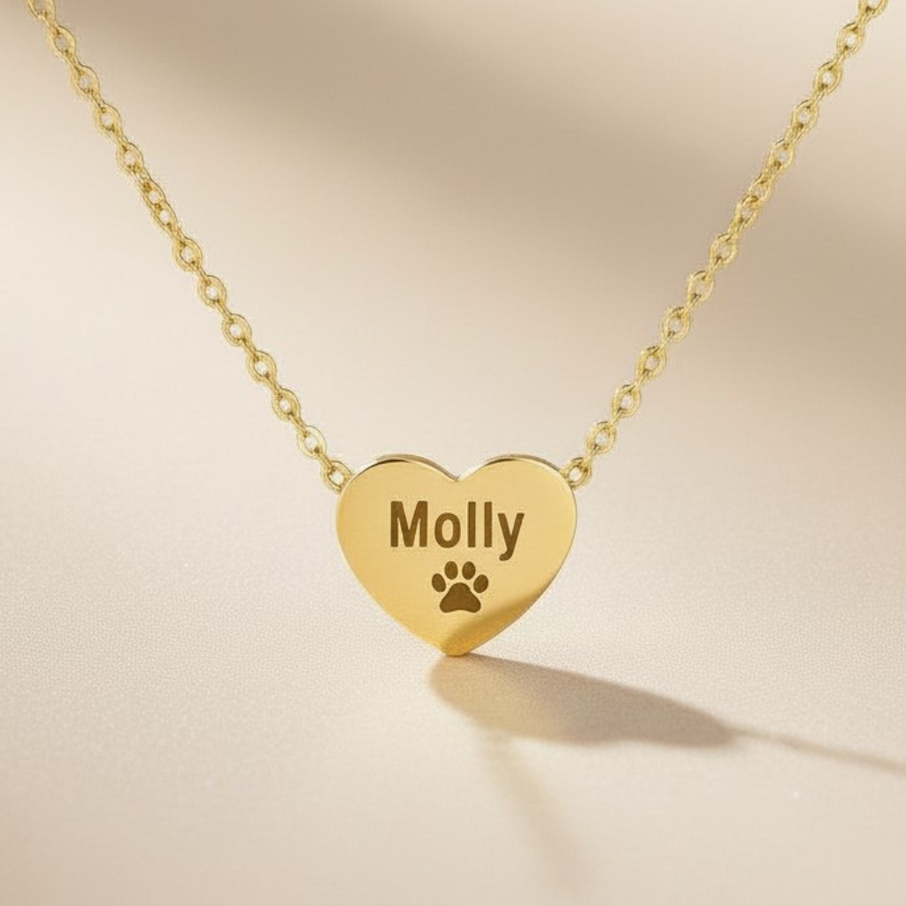 Gold heart pendant engraved with 'Molly' and a paw print