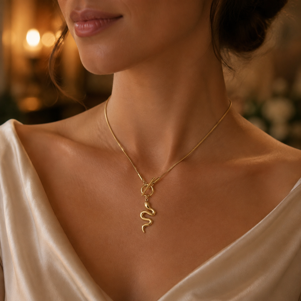Woman wearing the Memory That Lasts Serpent Power gold snake necklace with an elegant champagne outfit