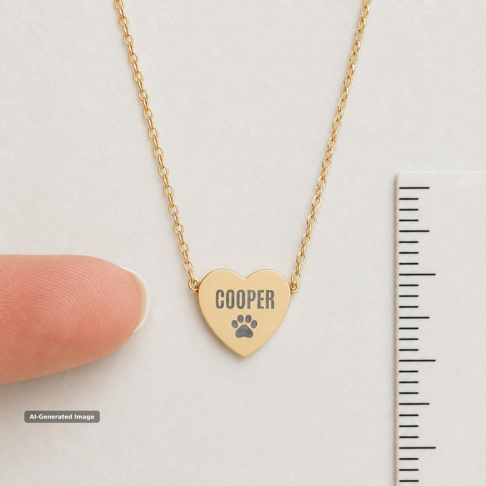 Gold engraved pet name and paw print heart pendant shown with a ruler for size