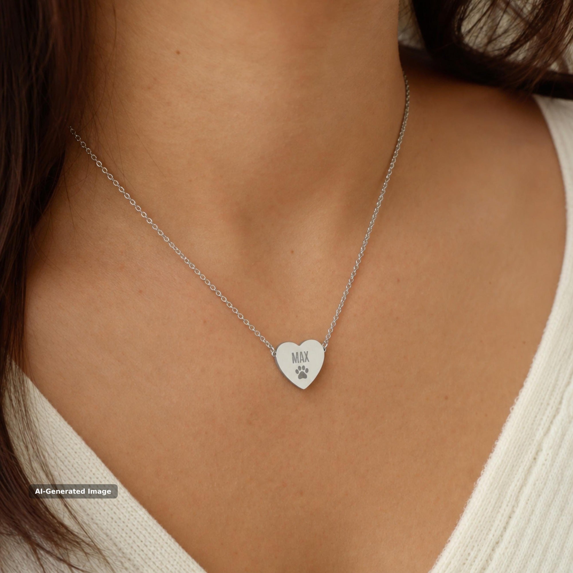 Personalized stainless steel heart necklace engraved with pet name and paw print, worn on the neckline