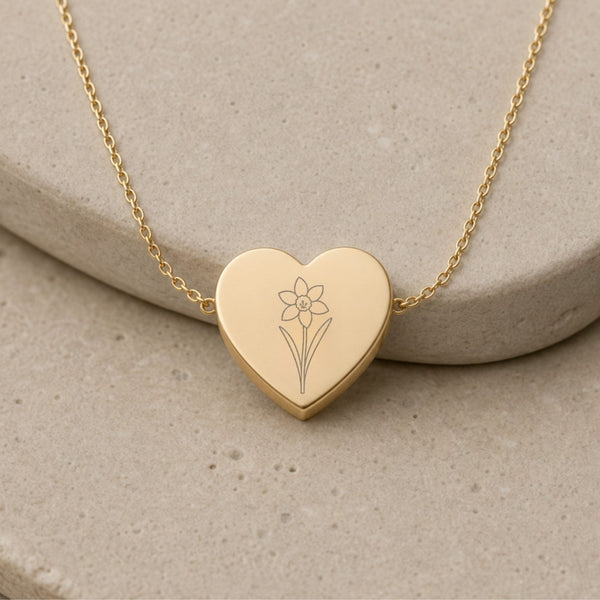 December birth flower Heart necklace — engraved with Narcissus