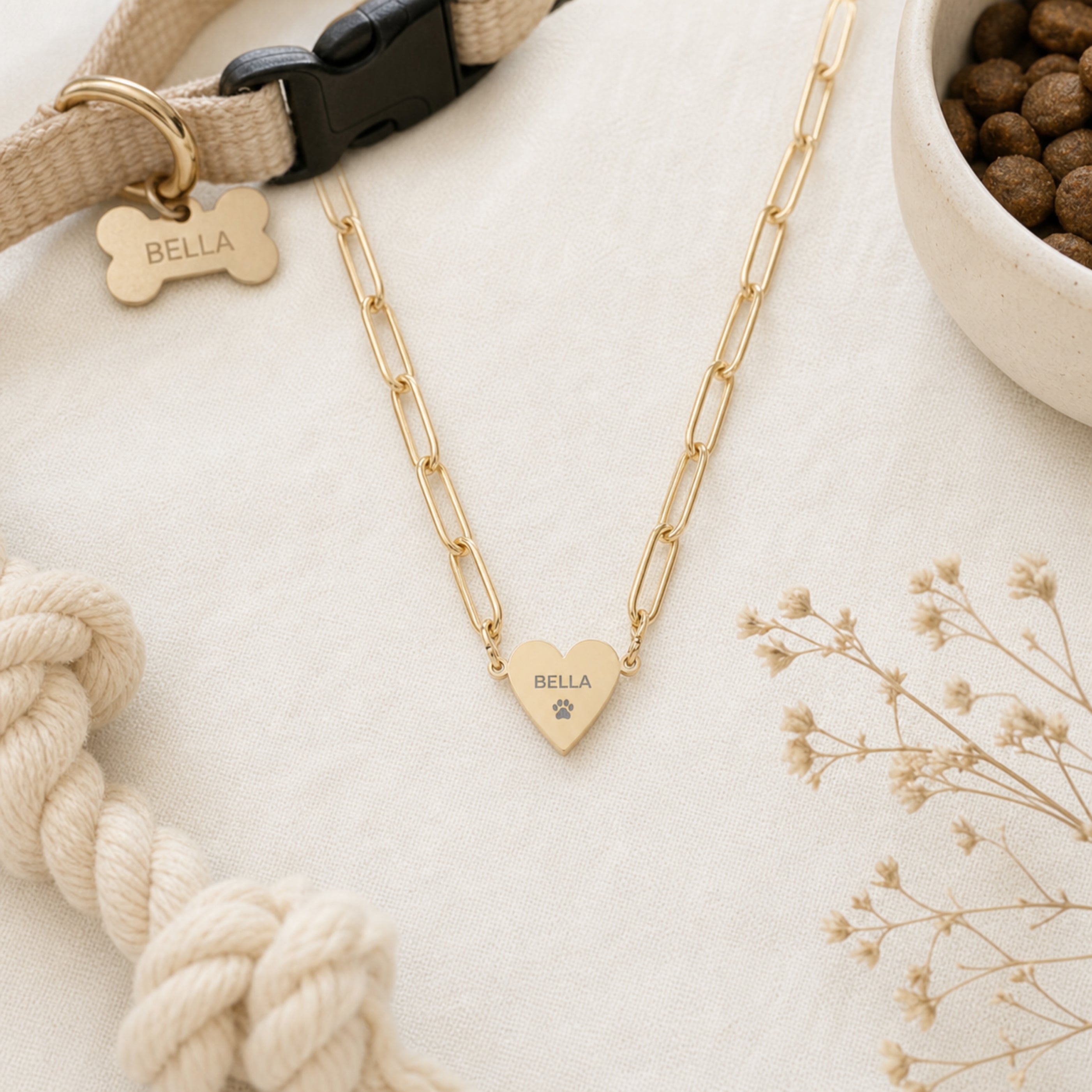 Engraved paperclip heart pendant necklace with paperclip-link chain laid flat on cream silk — a dainty personalized keepsake to wear every day. Memory That Lasts.
