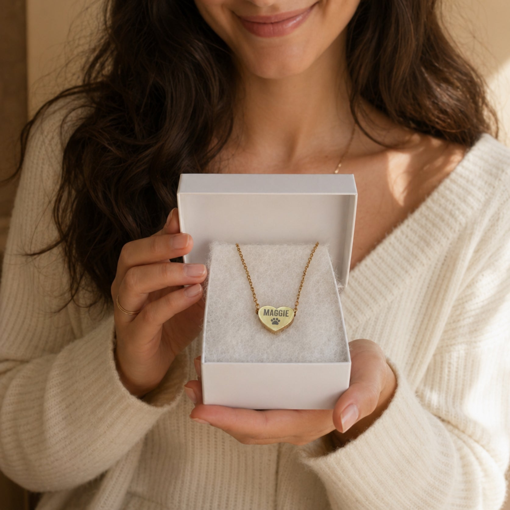 Personalized engraved gold heart necklace in white gift box, ready to give