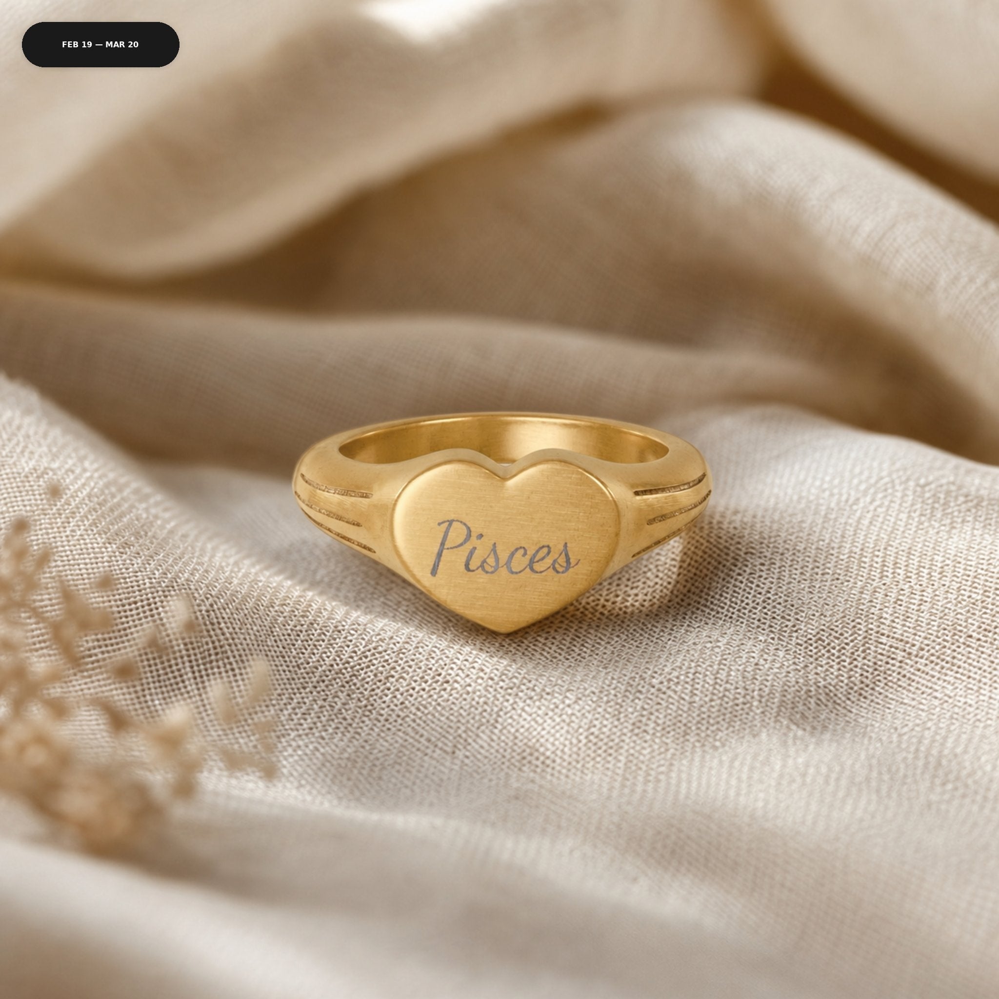 Pisces Heart Signet Ring - zodiac engraved pendant with date range
