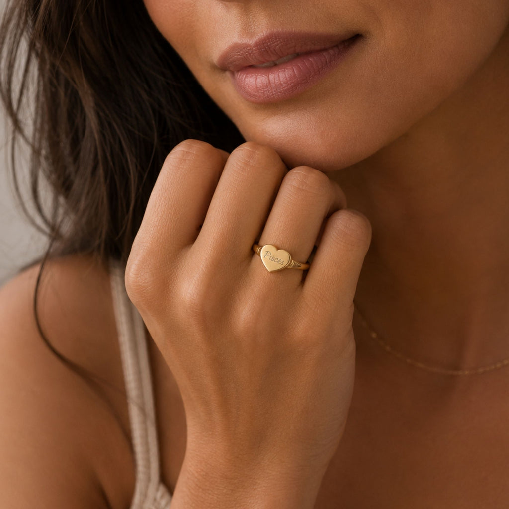 Pisces Signet Ring, Pisces Ring, Star Signet Ring, Heart Signet Ring