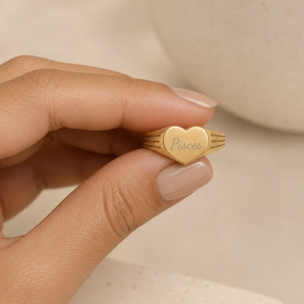Pisces Signet Ring, Pisces Ring, Star Signet Ring, Heart Signet Ring